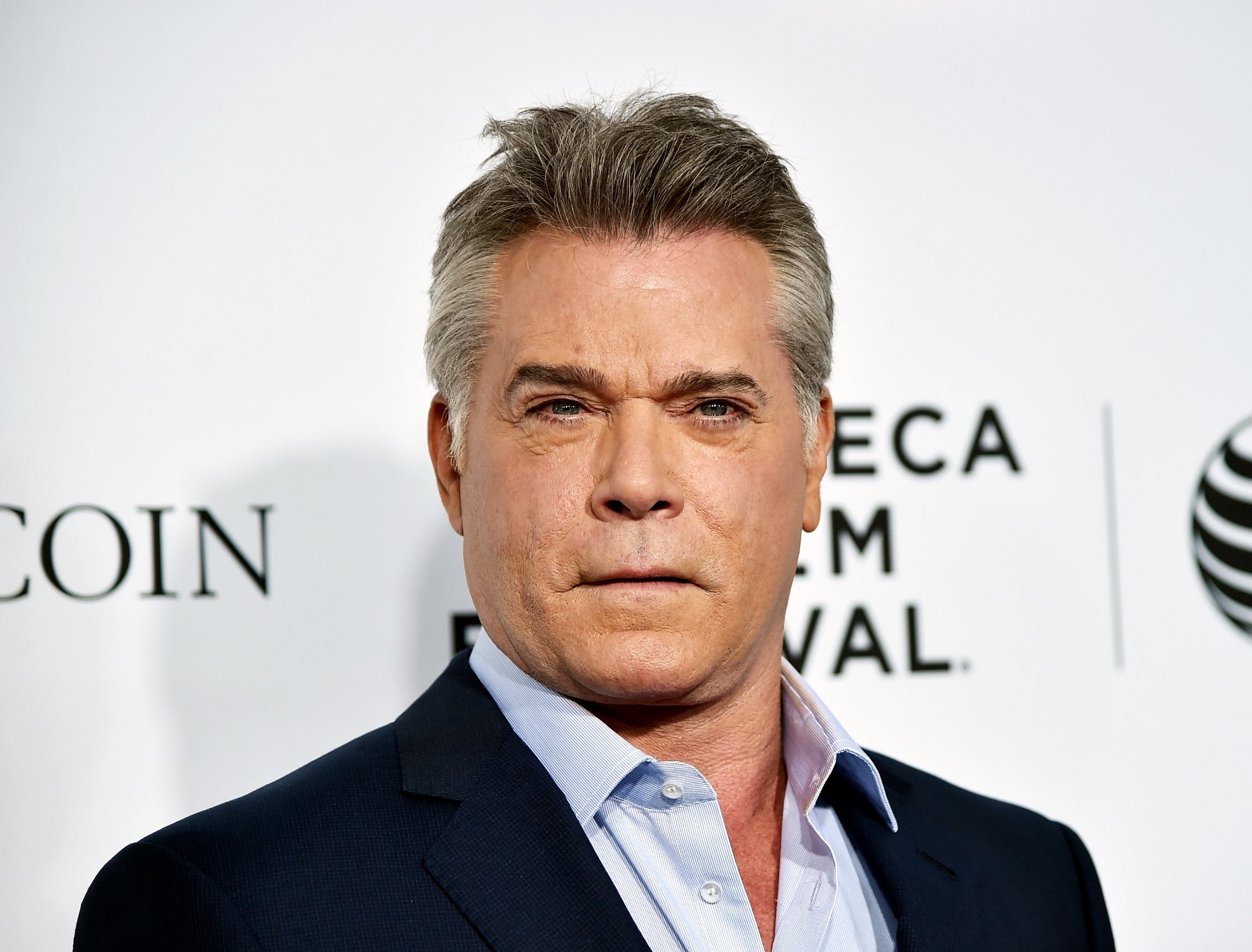 'Goodfellas' actor Ray Liotta wearing a suit with a straight face in front of a Tribeca Film Festival step and repeat