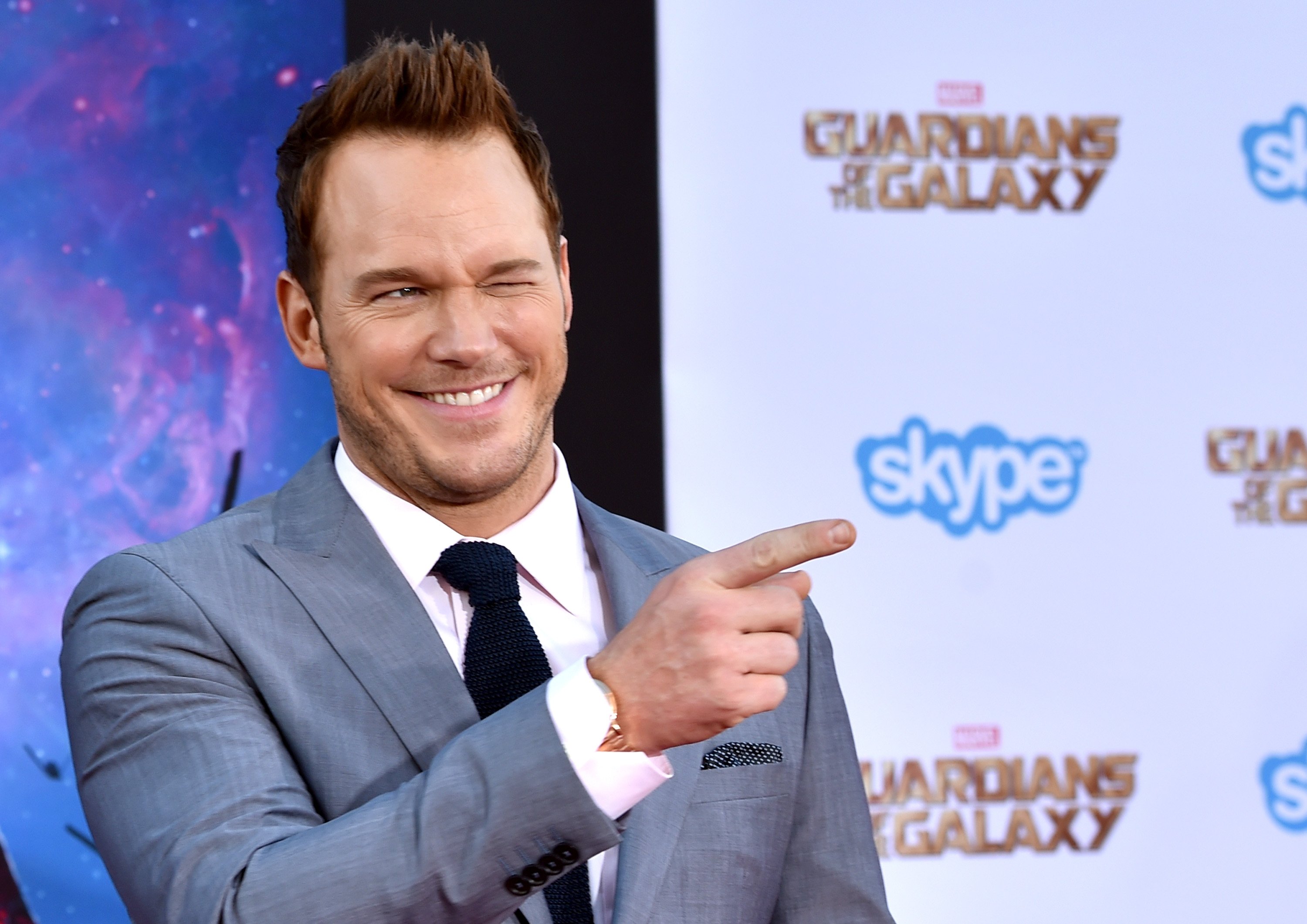 Peter Quill actor Chris Pratt smiling and pointing at the premiere of Marvel's 'Guardians of the Galaxy'