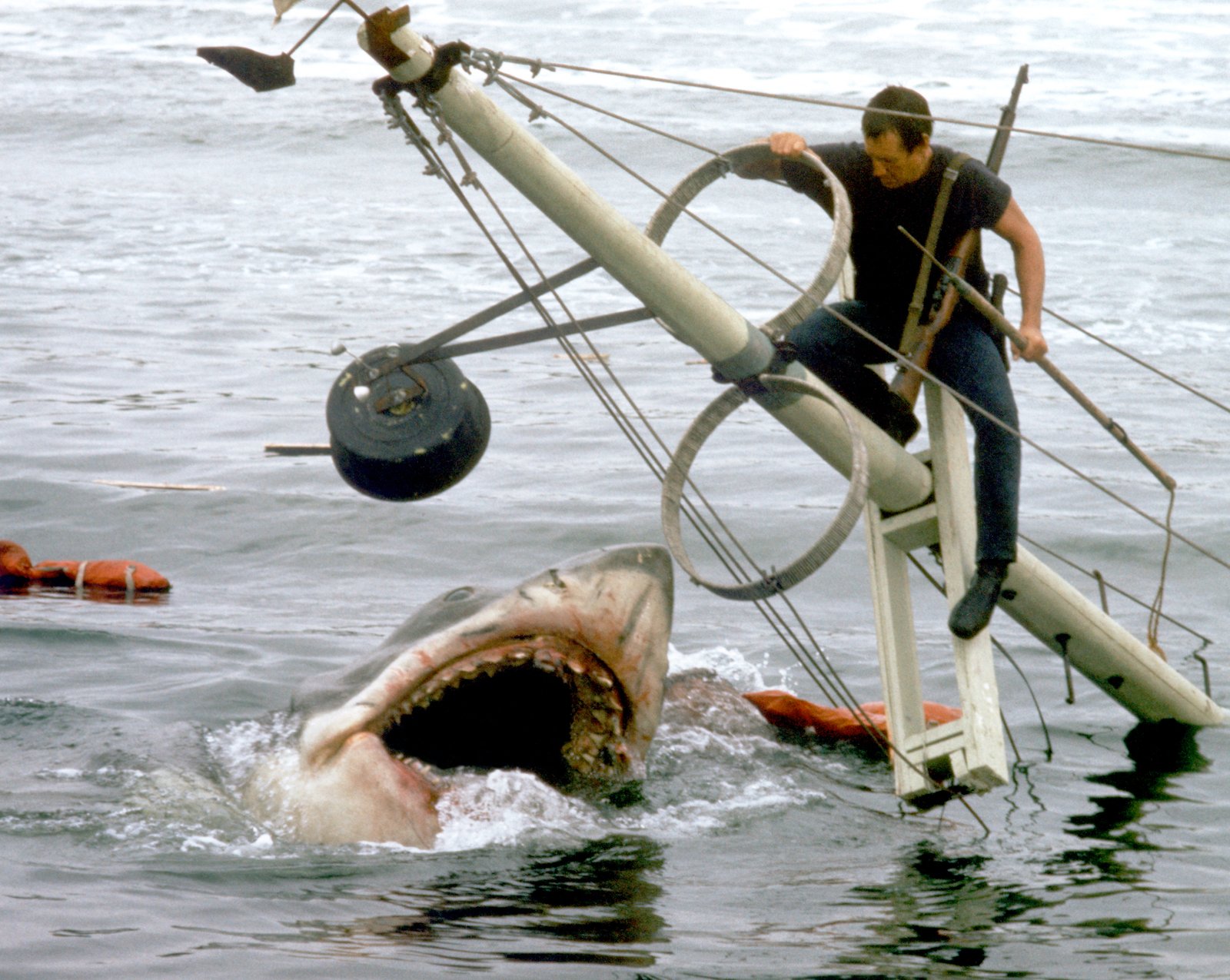 Roy Scheider fends off a blood thirsty shark while balancing on the tip of a sinking boat
