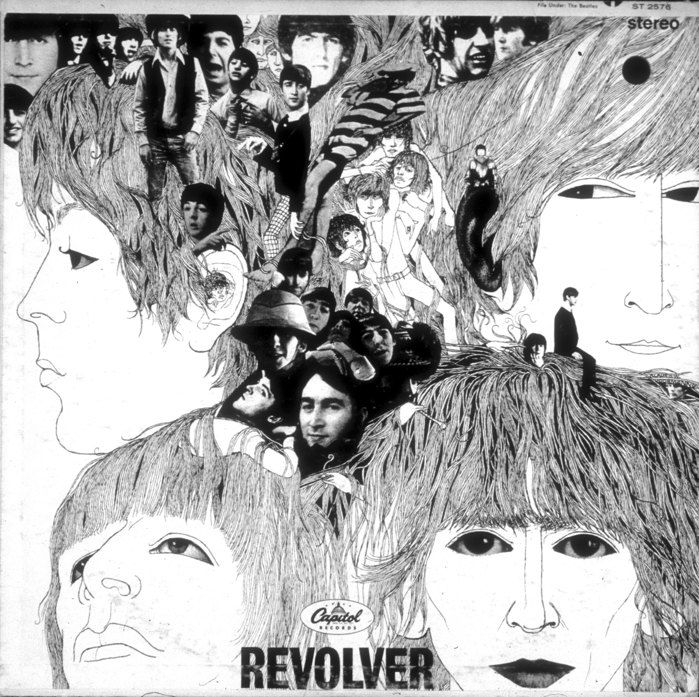 Paul McCartney, Ringo Starr, John Lennon, and George Harrison on the cover of The Beatles' 'Revolver'