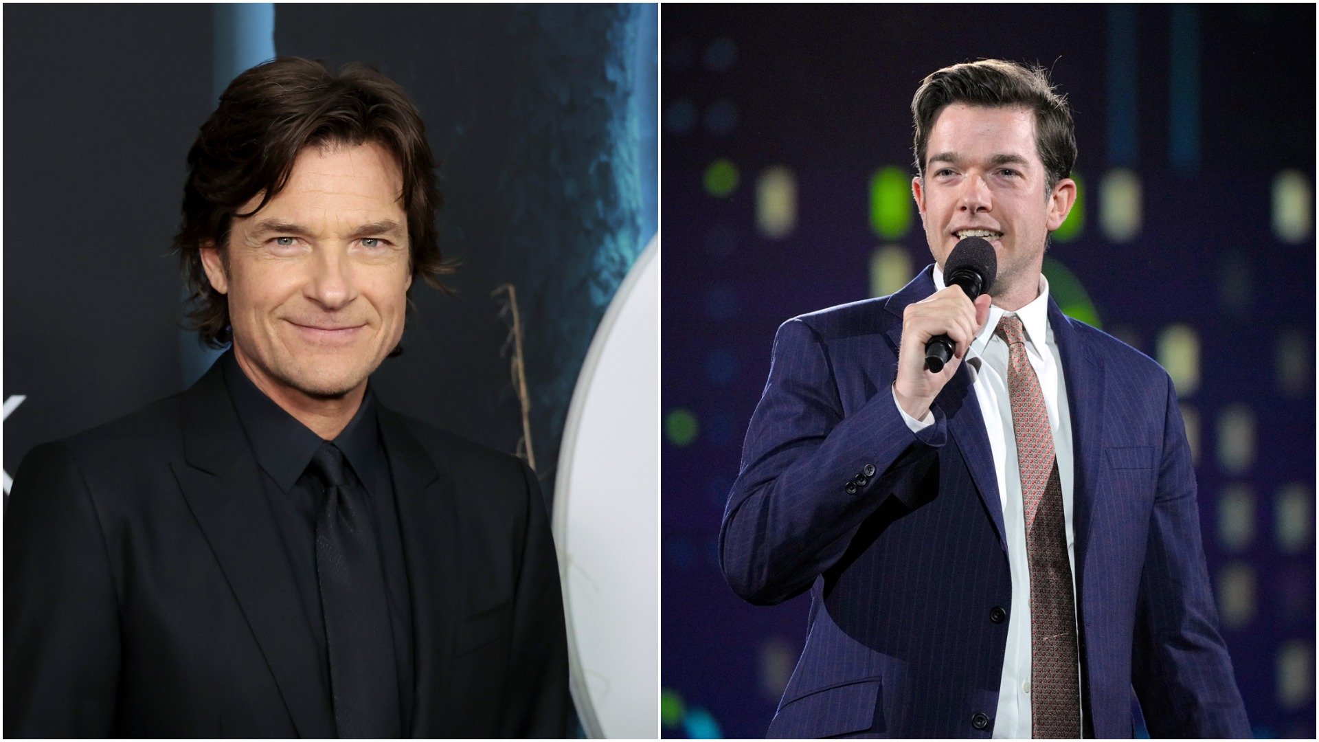Jason Bateman smiles on the red carpet and John Mulaney performs on stage