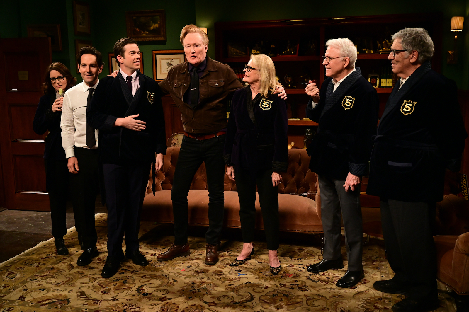 Tina Fey, Paul Rudd, host John Mulaney, Conan OBrien, Candice Bergen, Steve Martin, and Elliott Gould during the Five-Timers Club sketch
