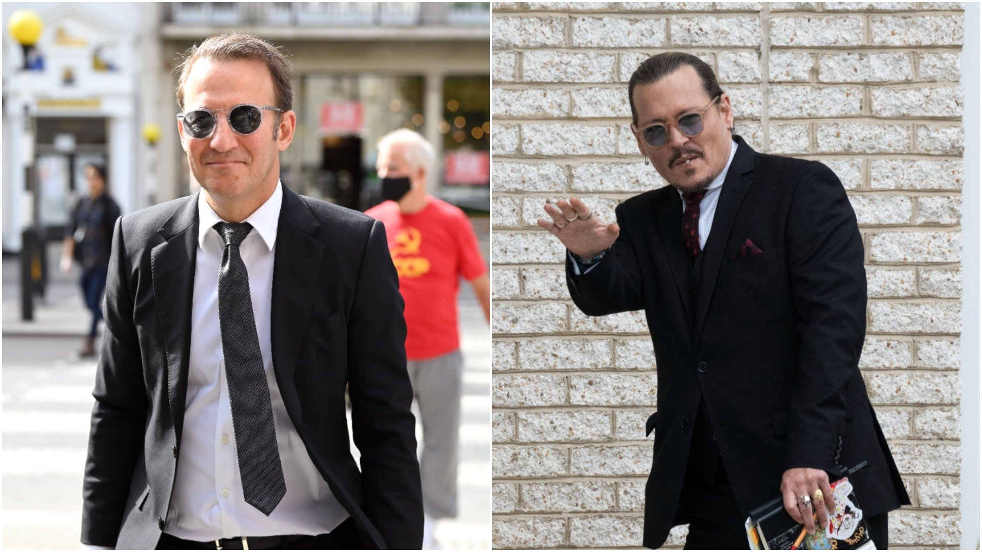 Adam Waldman and Johnny Depp are photographed outside of court in different cases. 