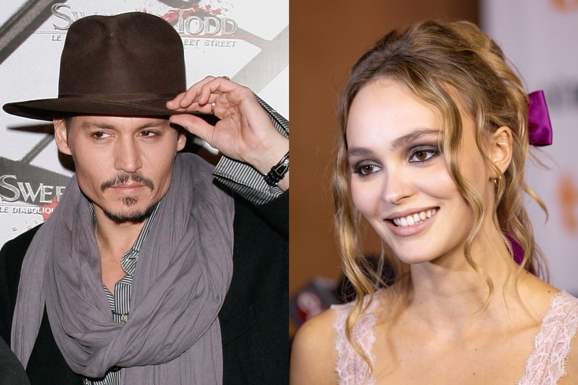 'Sweeney Todd' star Johnny Depp and Lily-Rose Depp with Johnny wearing a hat with a 'Sweeney Todd' step and repeat and Lily-Rose smiling with a white-strapped dress