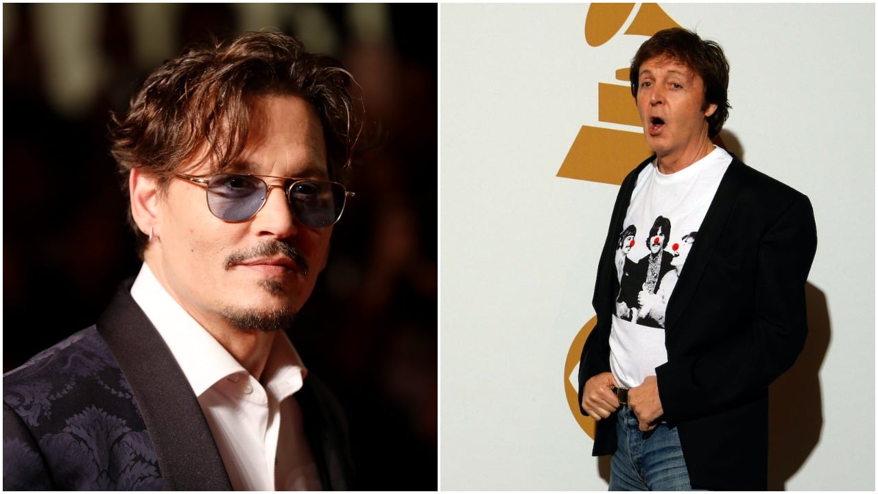 Johnny Depp at the 2019 Venice Film Festival (left); Paul McCarntney attends the 2009 Grammys. Depp's gift to McCartney inspired Macca to write a Grammy-winning song.