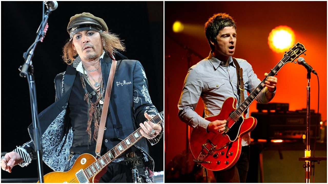 Johnny Depp plays with Hollywood Vampires in 2018; Oasis' Noel Gallagher performs in Australia in 2012. Depp played guitar for Oasis on an album when Gallagher couldn't.