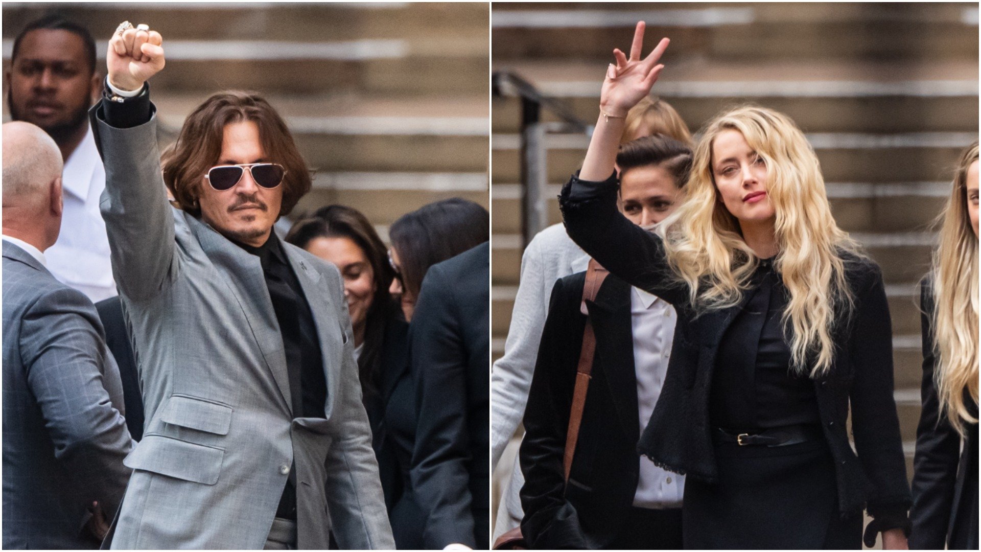 In July 2020 Johnny Depp and Amber Heard leave court at different times. Depp flashed a fist to the crowd and Heard made a peace sign. 