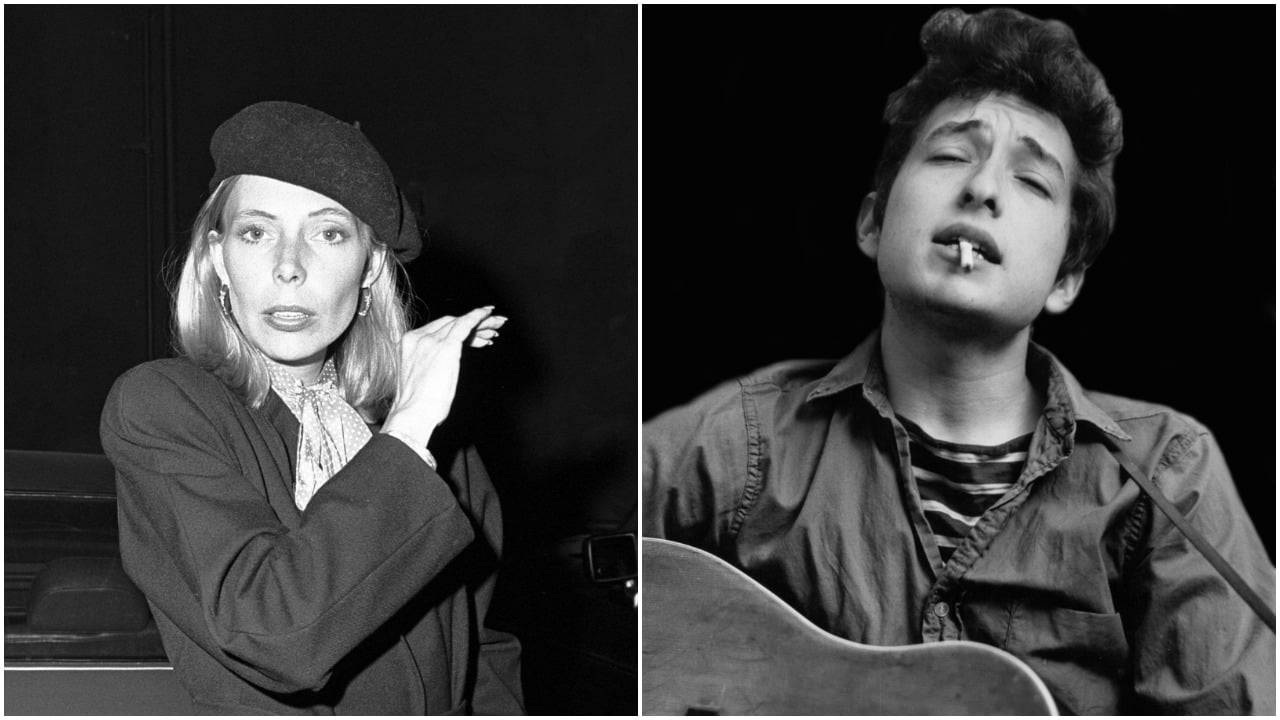 A black and white photo of Joni Mitchell wearing a beret and neck scarf. Bob Dylan holds a cigarette in his mouth and plays guitar.