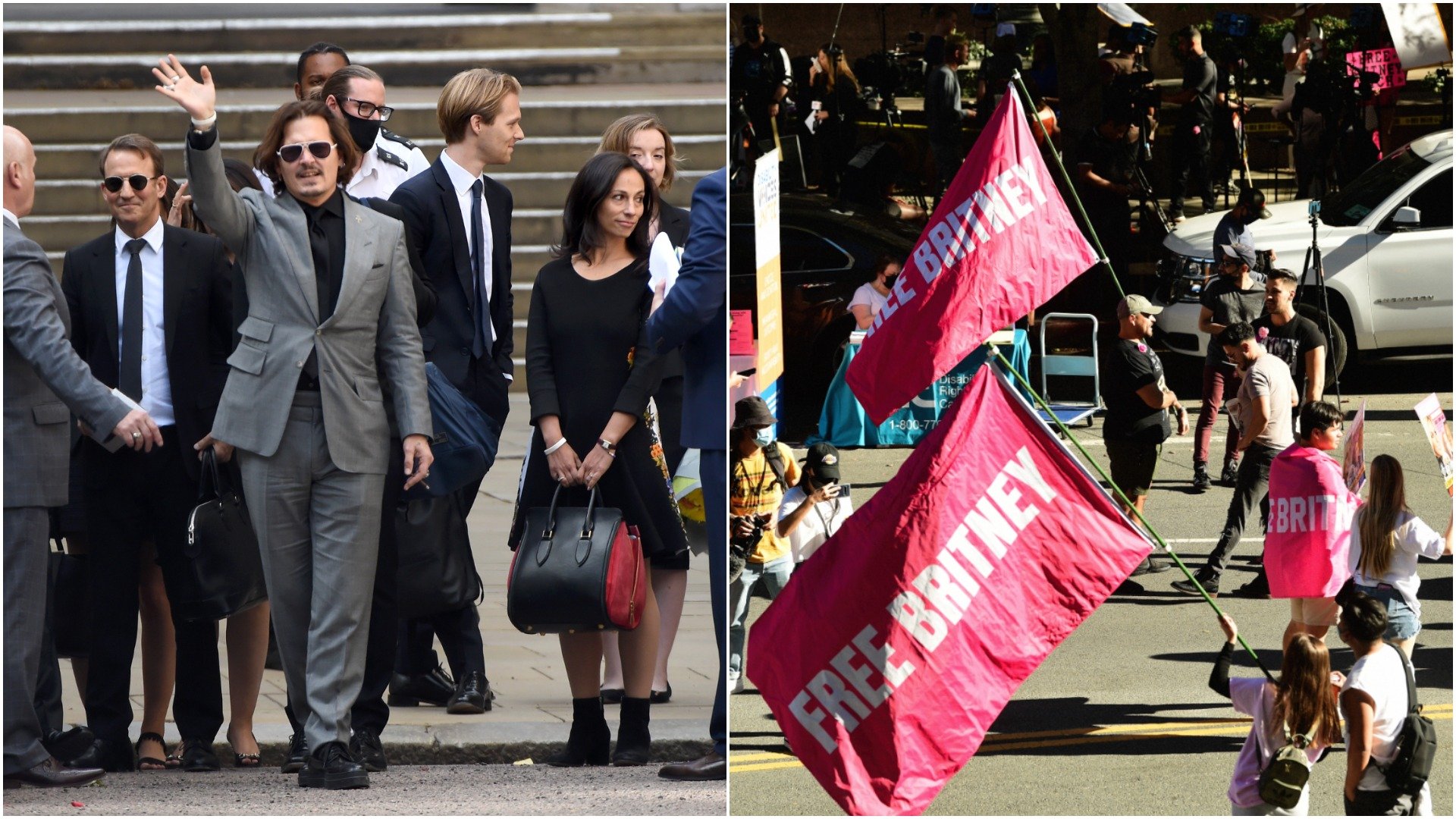 Johnny Depp waves at supporters after leaving a British courtroom. Free Britney supporters wave large pink flags in the street 