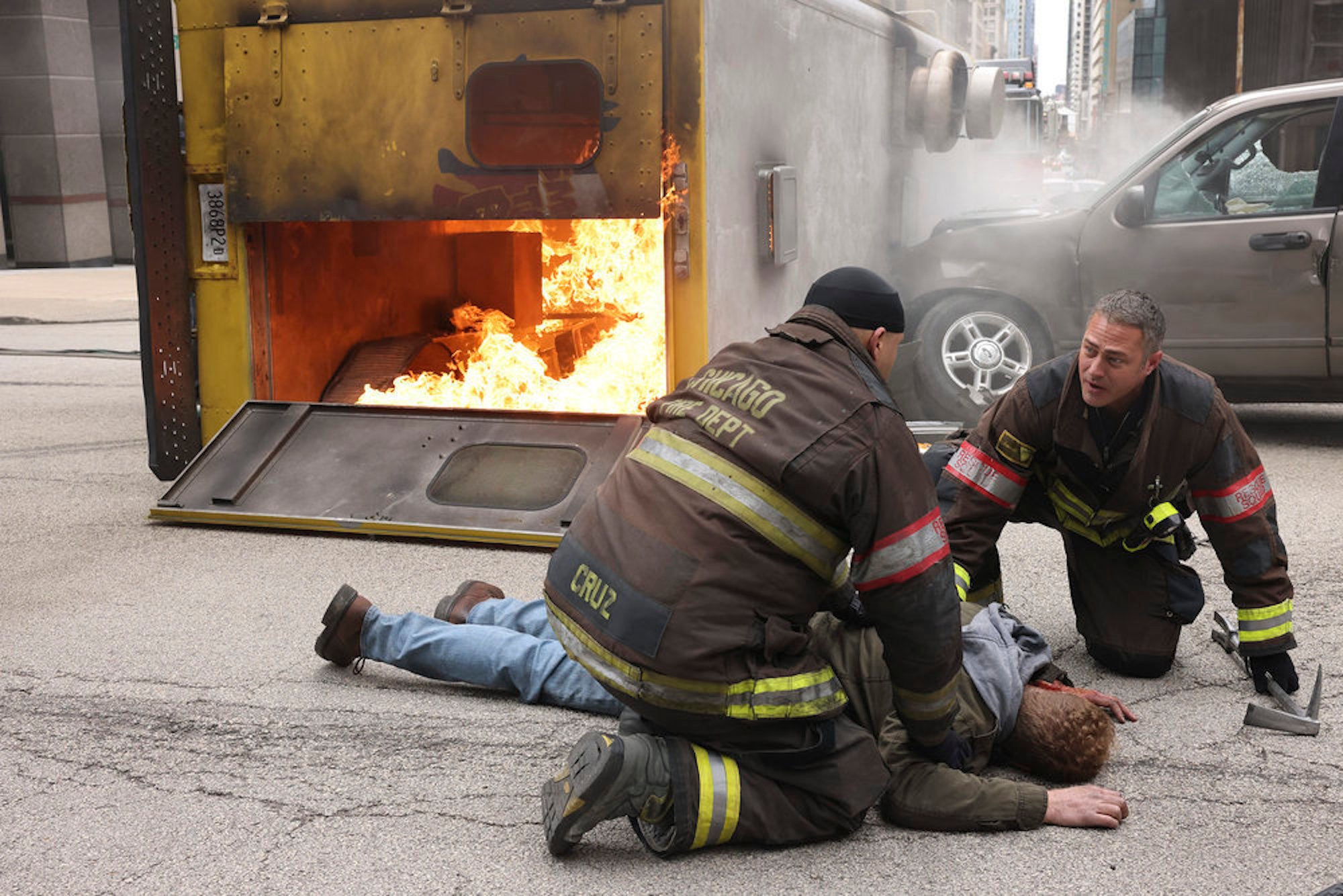 Joe Cruz and Kelly Severide responding to a fire in 'Chicago Fire' Season 10 Episode 21