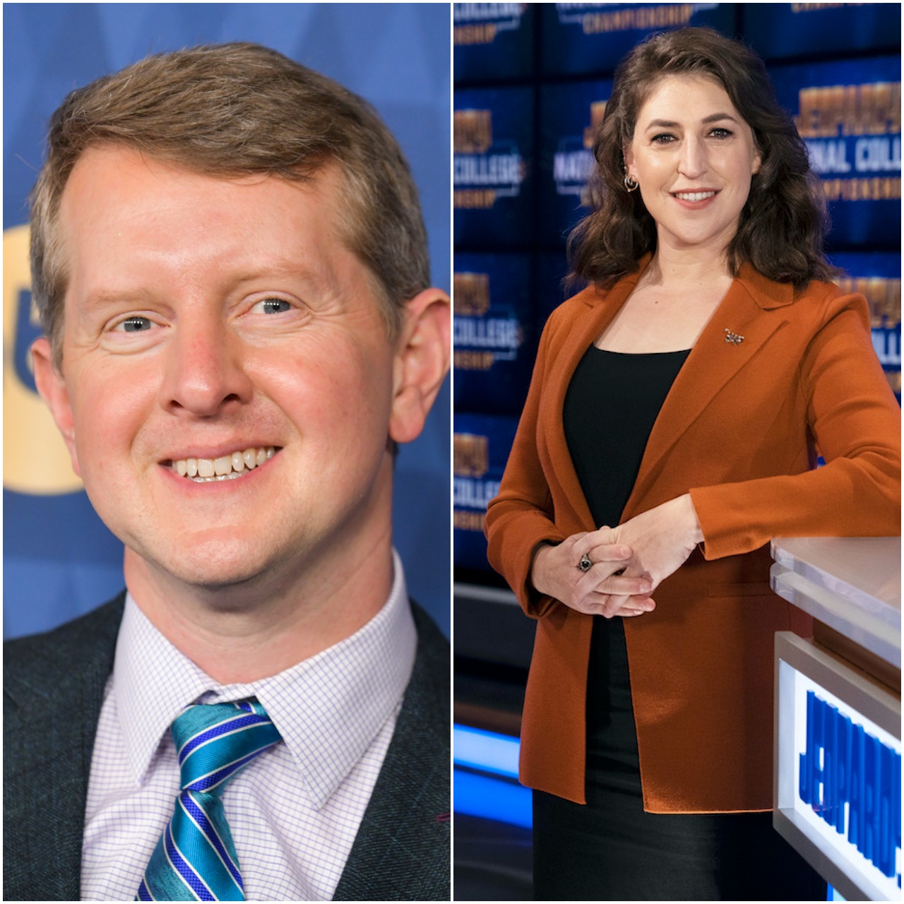 From left to right: ‘Jeopardy!’ co-hosts: Mayim Bialik | Casey Durkin/ABC via Getty Images; Ken Jennings | Dia Dipasupil/Getty Images