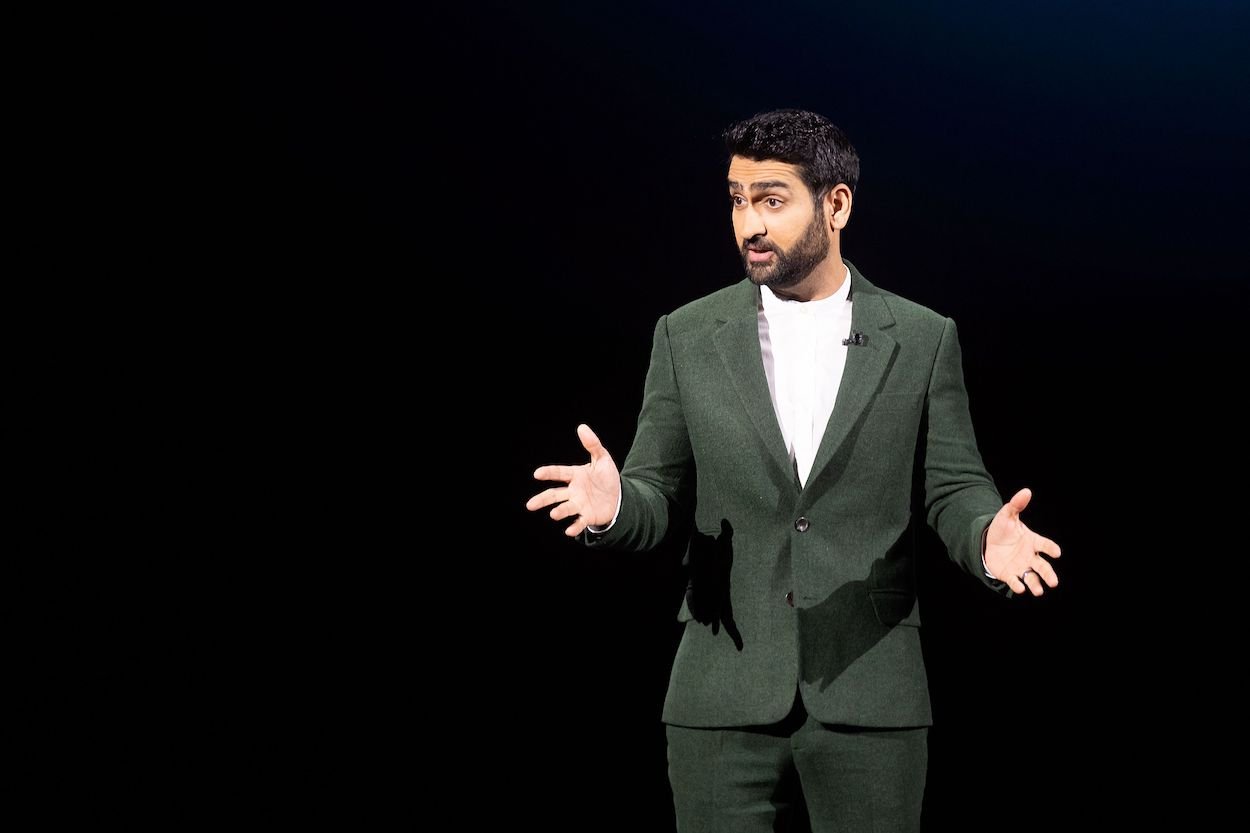 Kumail Nanjiani speaks during an event launching Apple TV+ at Apple in 2019. Acting, writing, and producing all contribute to Nanjiani's net worth.