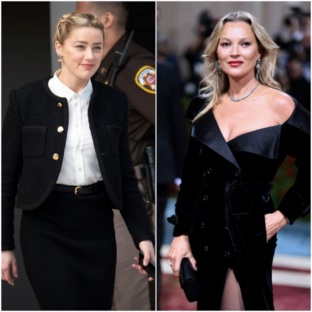 (L): Amber Heard, who earned a decent net worth for her films, leaving Fairfax County Virginia courtroom, (R): Kate Moss, who has earned a high net worth over her career, posing on the red carpet at the 2022 Met Gala
