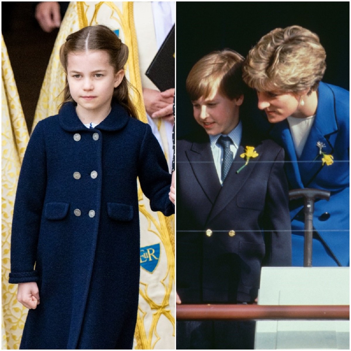 (L) Princess Charlotte, who wrote a Mother's Day letter to Princess Diana, at the memorial service for Prince Philip, (R) Princess Diana with Prince William on his first official engagement in 1991