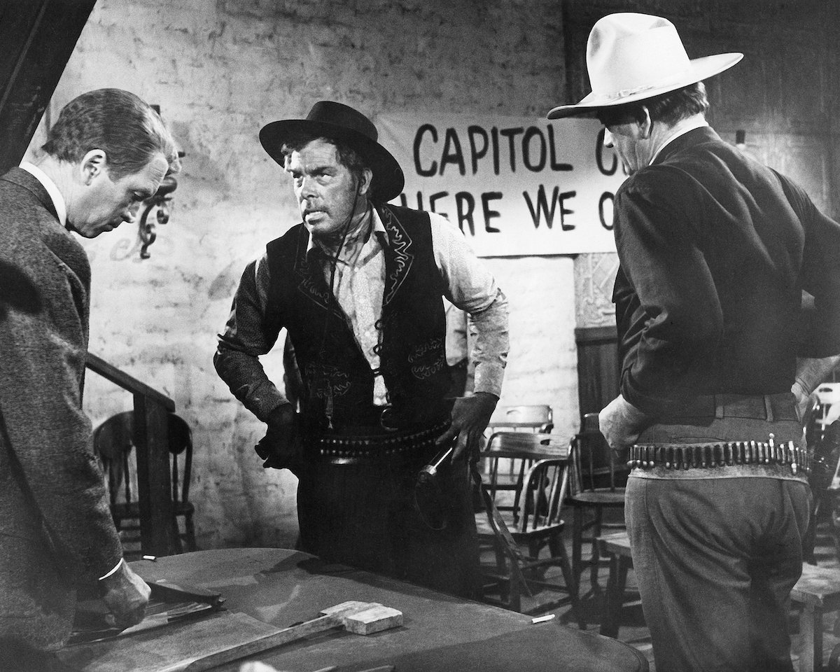 Lee Marvin threatens John Wayne and Jimmy Stewart in 'The Man Who Shot Liberty Valance' which Marvin worried would ruin Wayne's career