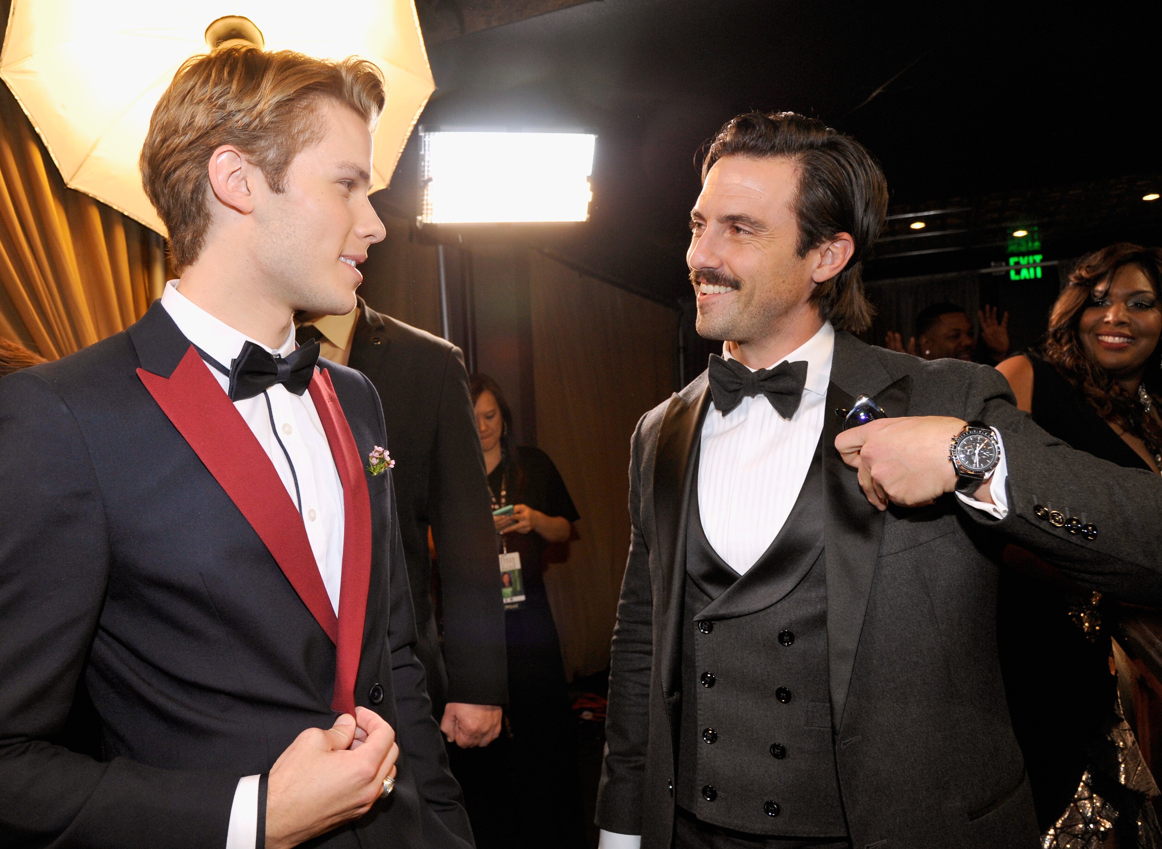 Logan Shroyer and Milo Ventimiglia poses in the trophy room at the 24th Annual Screen Actors Guild Awards