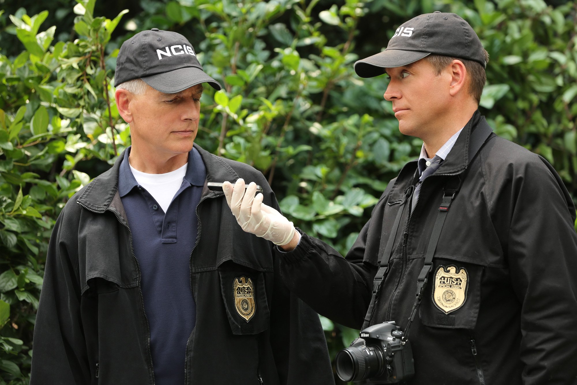 Mark Harmon and Michael Weatherly as NCIS agents Leroy Jethro Gibbs and Tony DiNozzo.