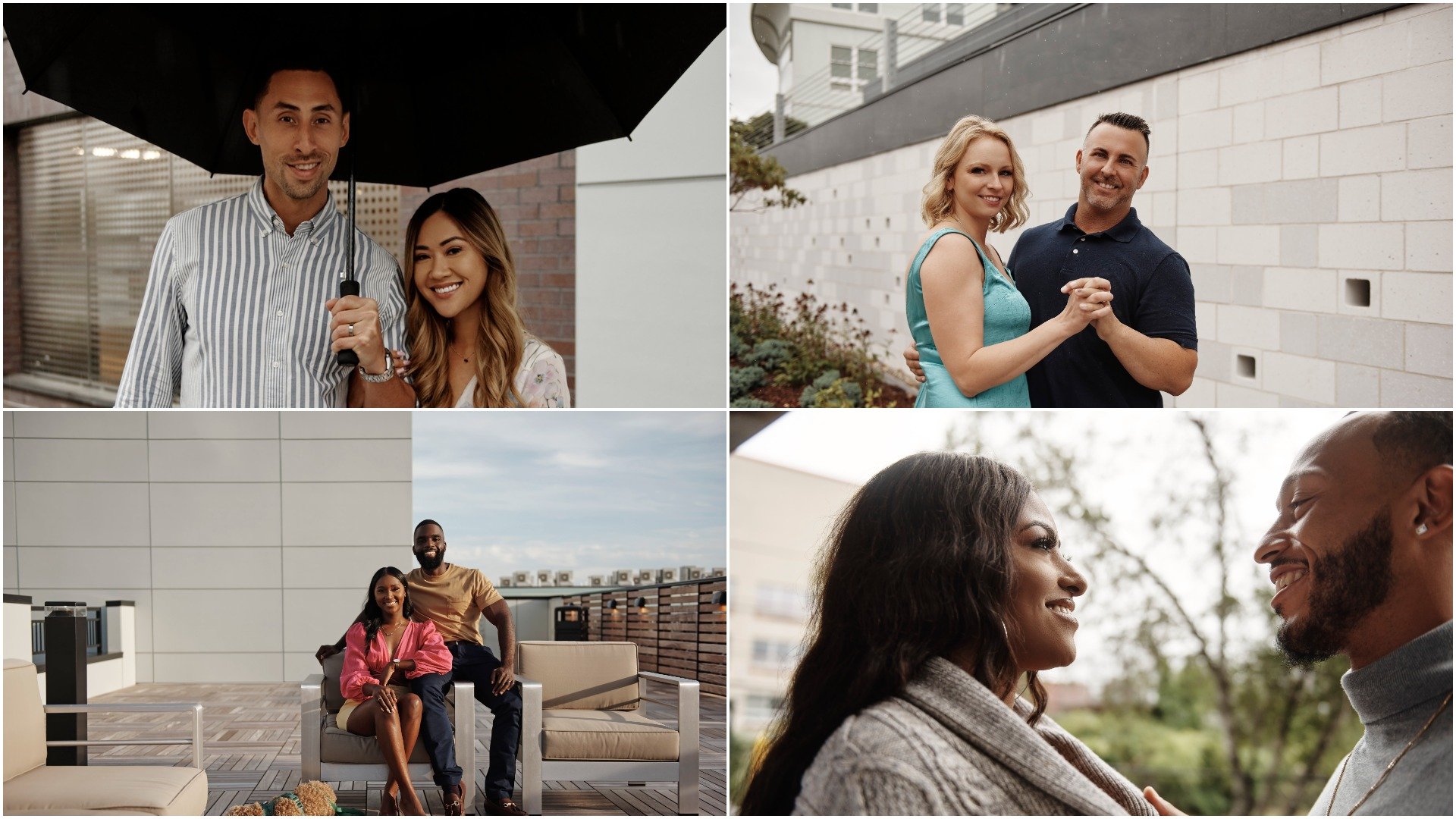 Collage of four couples from 'Married at First Sight' Season 14: Steve and Noi, Lindsay and Mark, Katina and Olajuwon, and Jasmina and Michael