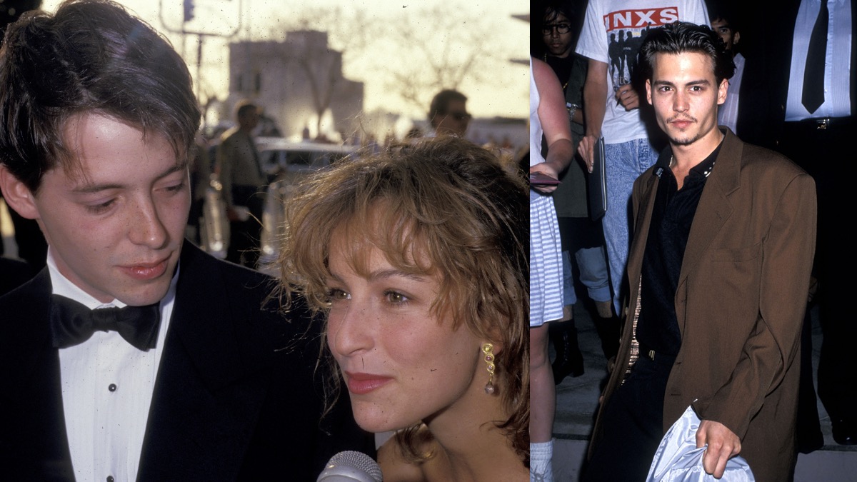 (L) Matthew Broderick looking at Jennifer Grey (R) Johnny Depp poses for a picture 