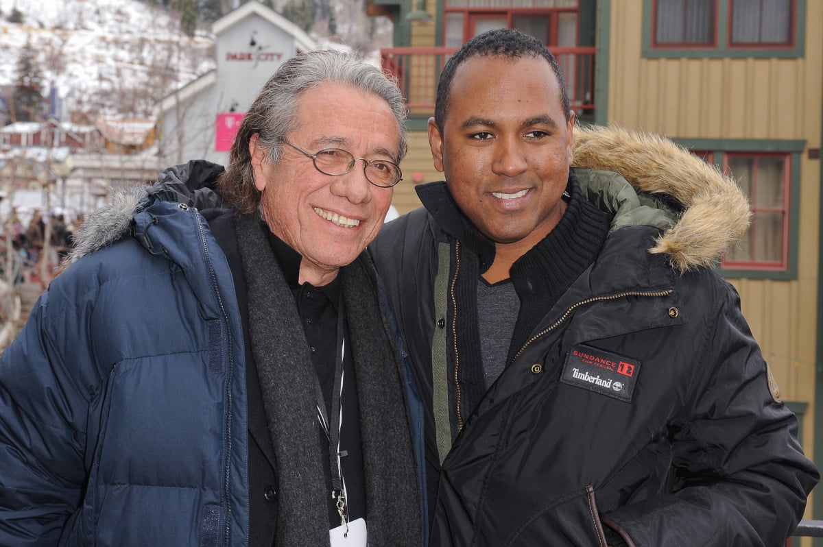 Mayans MC actor Edward James Olmos and his son director Michael D. Olmos pose for photos on Main Street on January 20, 2012 in Park City, Utah. 