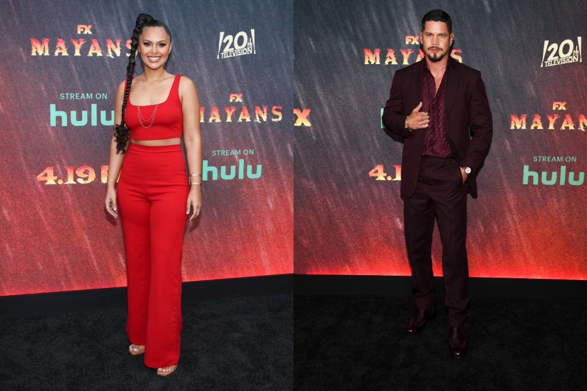 Split image of Andrea Cortes and JD Pardo at the Mayans MC Season 4 premiere. Cortes wears a red outfit and Pardo wears a maroon shirt and suit jacket. 