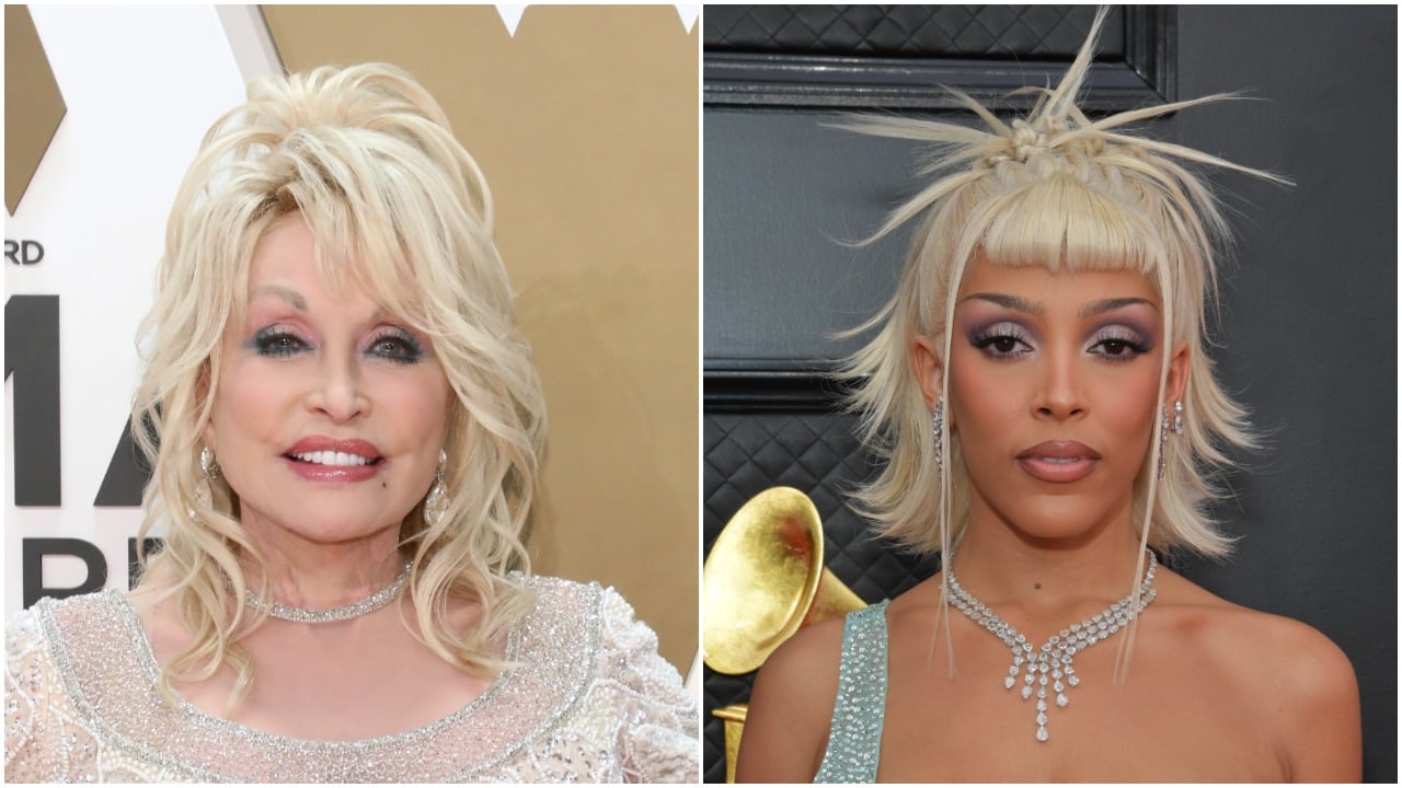 Dolly Parton and Doja Cat, who are working on 'Mexican Pizza: The Musical,' red carpet photographs side by side.