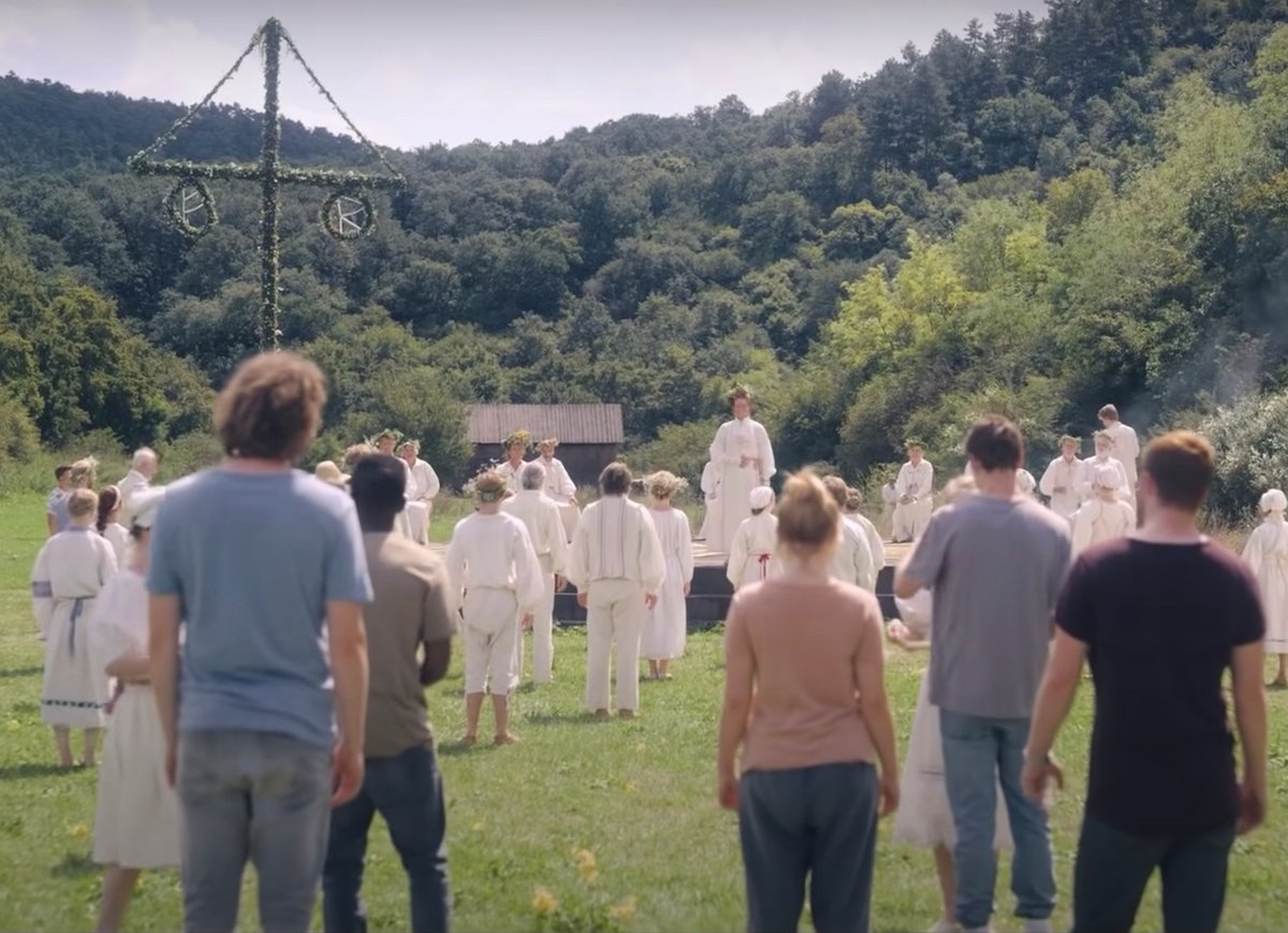 Midsommar cast films a scene during the Swedish festival