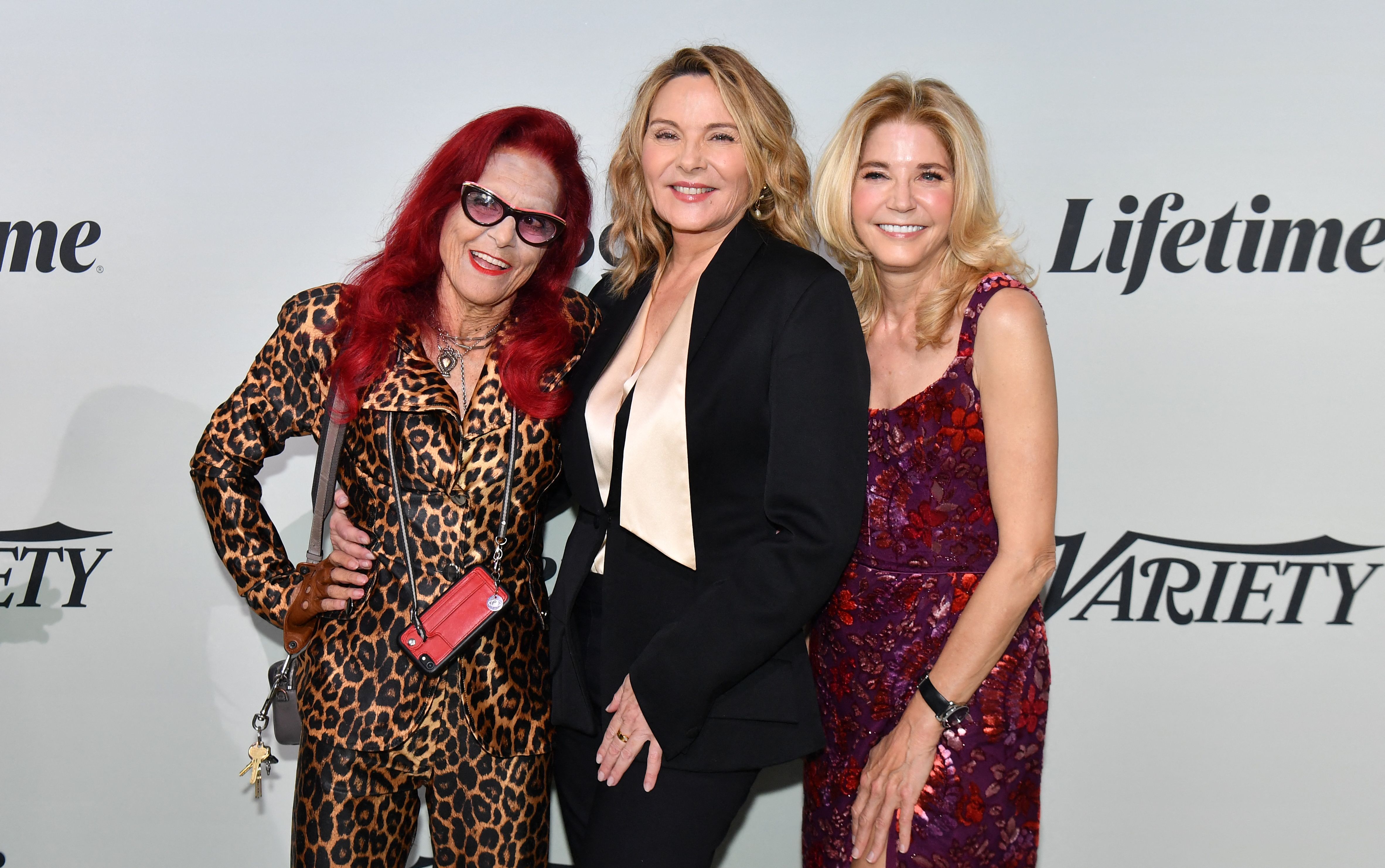 Candace Bushnell (R), actress Kim Cattrall (C) and costume designer Patricia Field (L) arrive for Variety's 2022 Power of Women at the Glasshouse in New York, May 5, 2022.