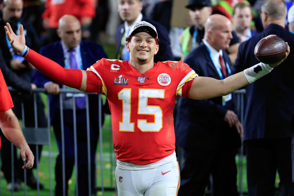 Patrick Mahomes #15 of the Kansas City Chiefs celebrates after defeating the San Francisco 49ers 31-20 in Super Bowl LIV at Hard Rock Stadium on February 02, 2020 in Miami, Florida