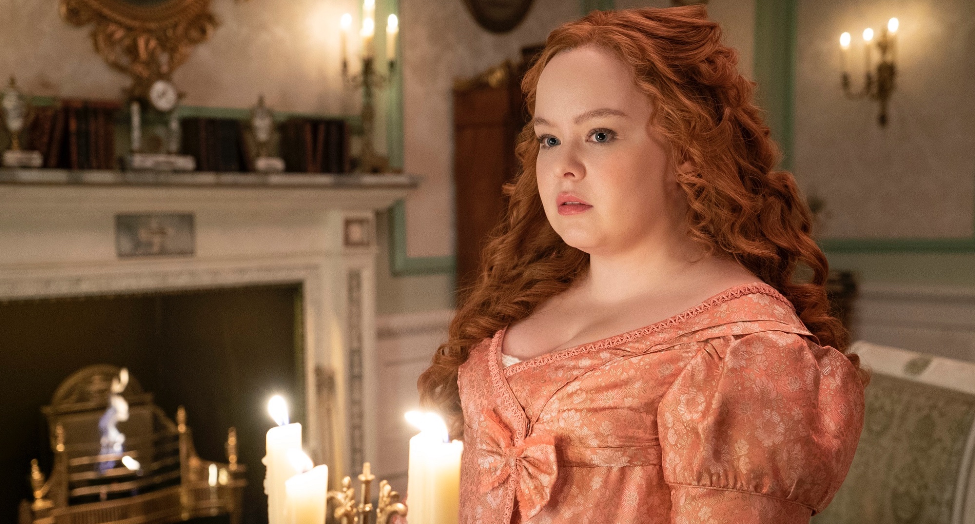 Penelope in 'Bridgerton' Season 2 wearing peach colored gown.