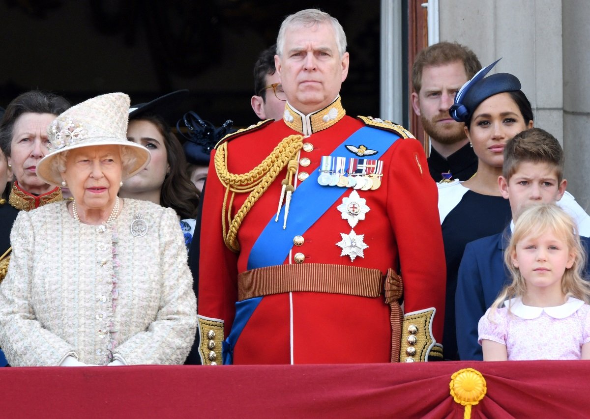 Queen Elizabeth II, Prince Andrew, Prince Harry, and Meghan Markle on the balcony during Trooping The Colour in 2019