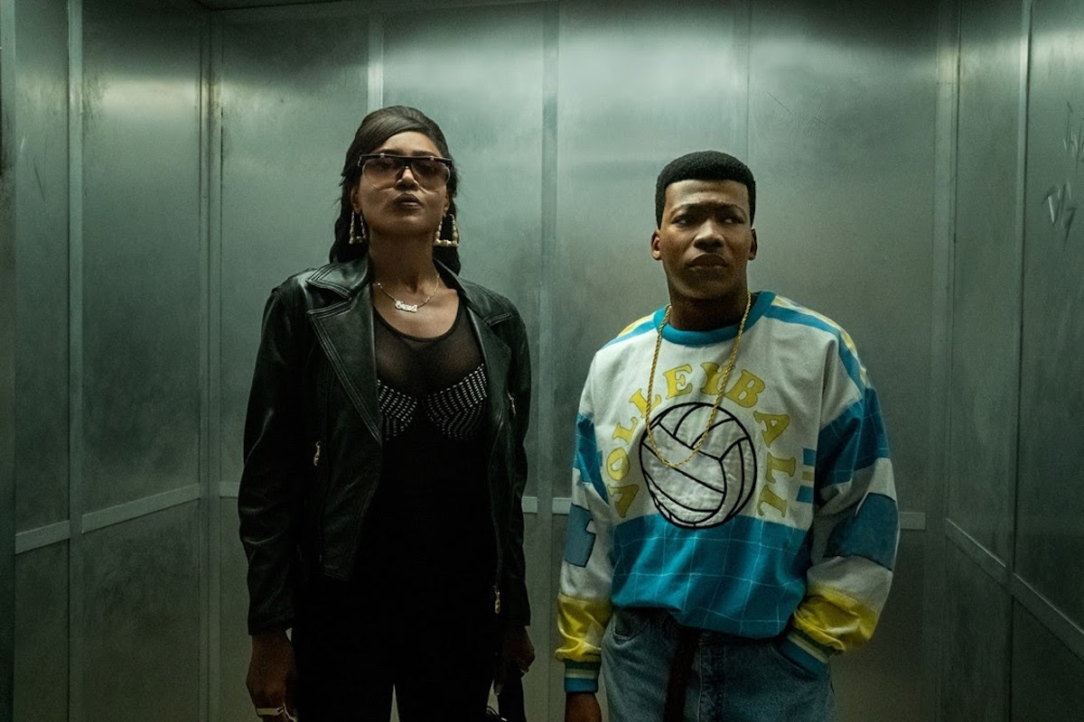 Patina Miller as Raquel ' 'Raq' Thomas and Mekai Curtis as Kanan Stark standing side by side in an elevator on 'Power Book III: Raising Kanan