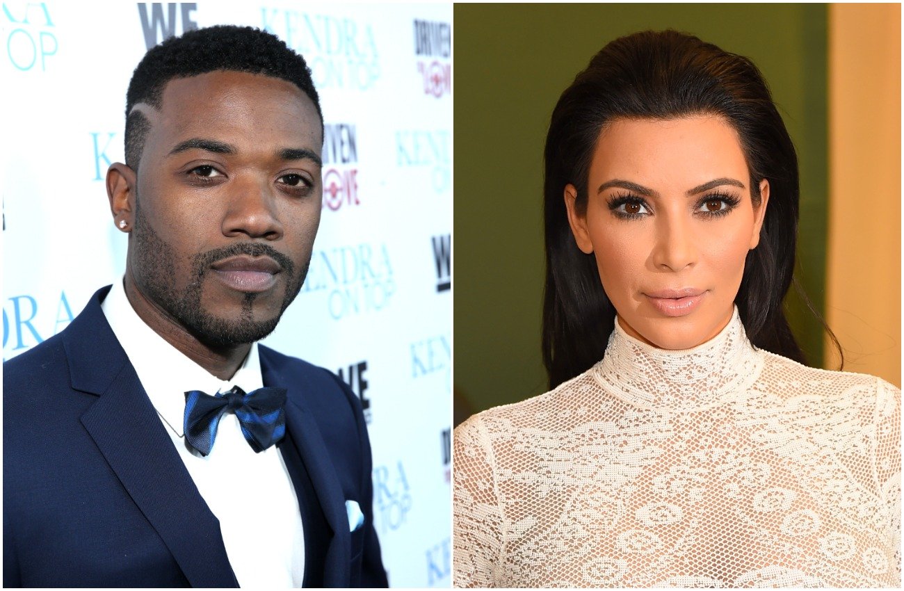 Ray J wearing a black tuxedo and standing in front of a white background. Kim Kardashian wearing a white turtleneck outfit and standing in front of a dark green background