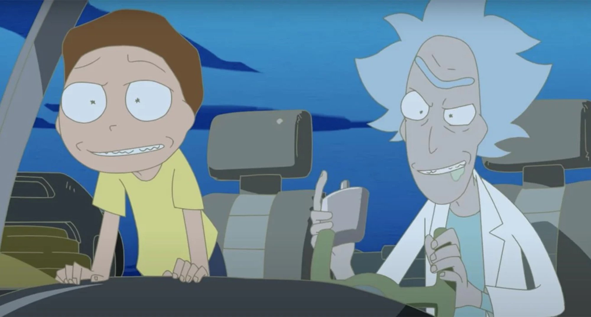Rick and Morty in anime short 'Rick and Morty vs. Genocider' in space cruiser.