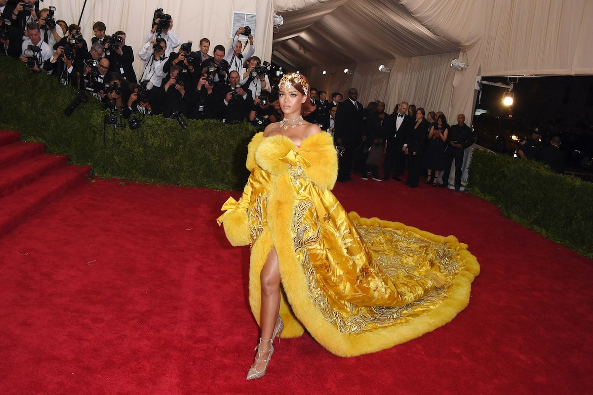 Rihanna's Met Gala look in 2015 as she walks the red carpet