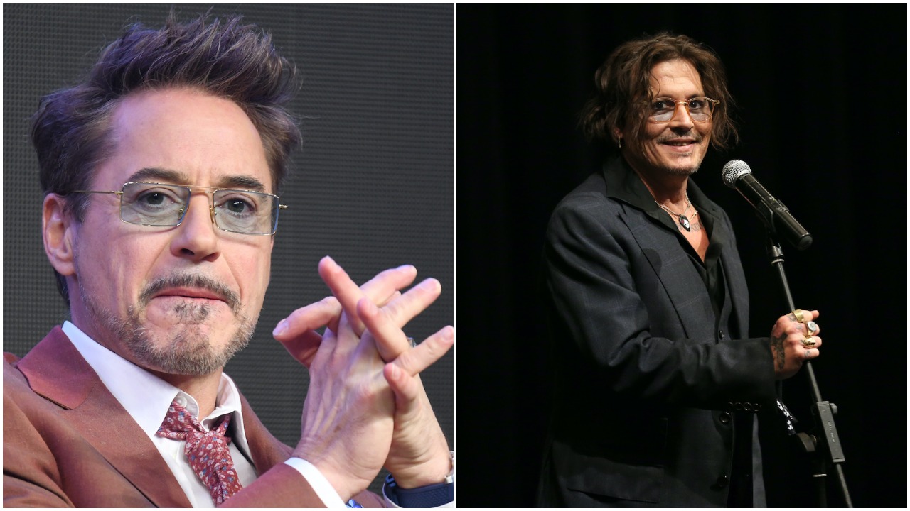 Robert Downey Jr. during an 'Avengers: Endgame' press conference; Johnny Depp attends the 2021 Karlovy Vary International Film Festival.