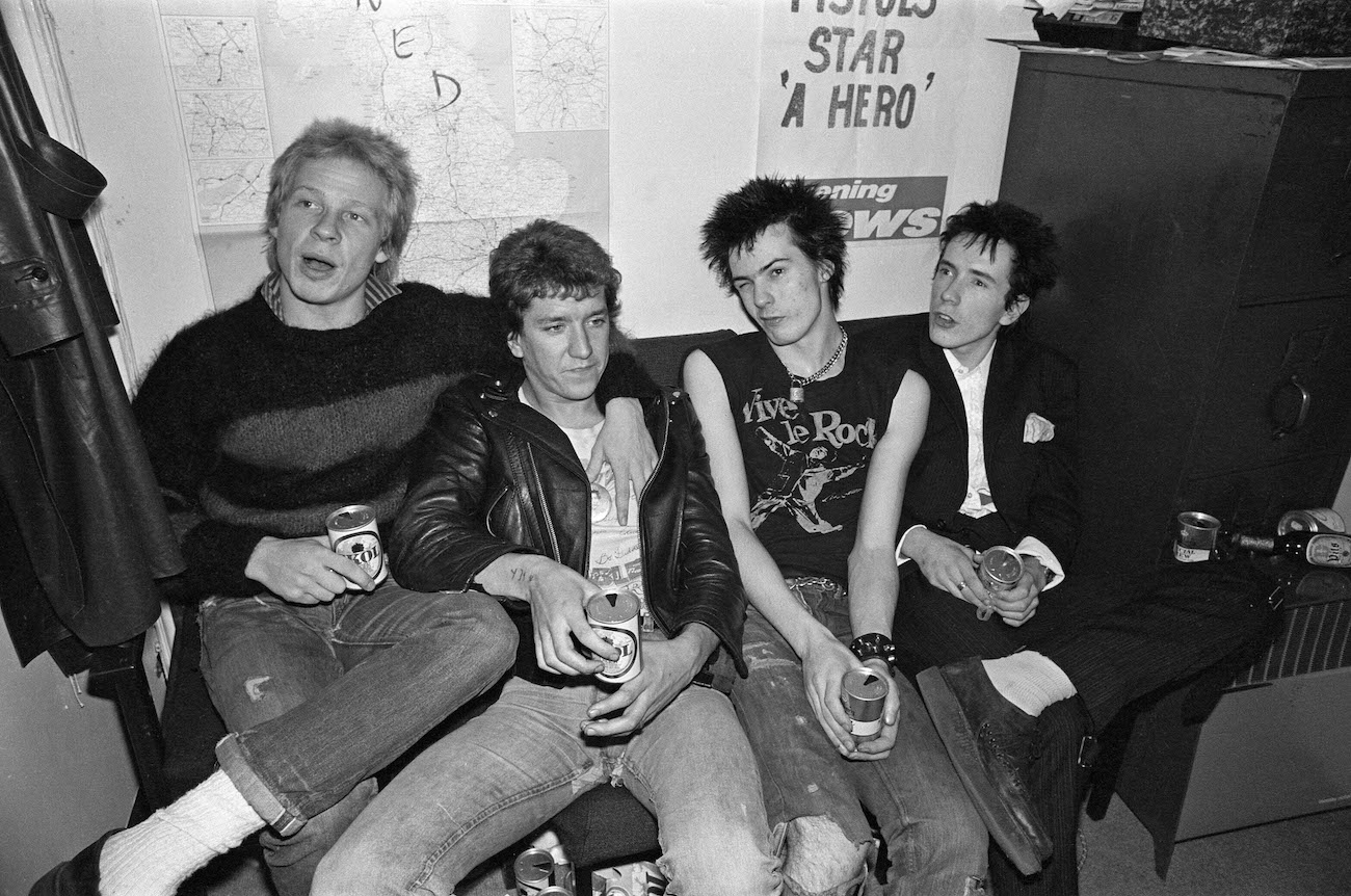 Paul Cook, Steve Jones, Sid Vicious, and Johnny Rotten of the Sex Pistols backstage in 1977.