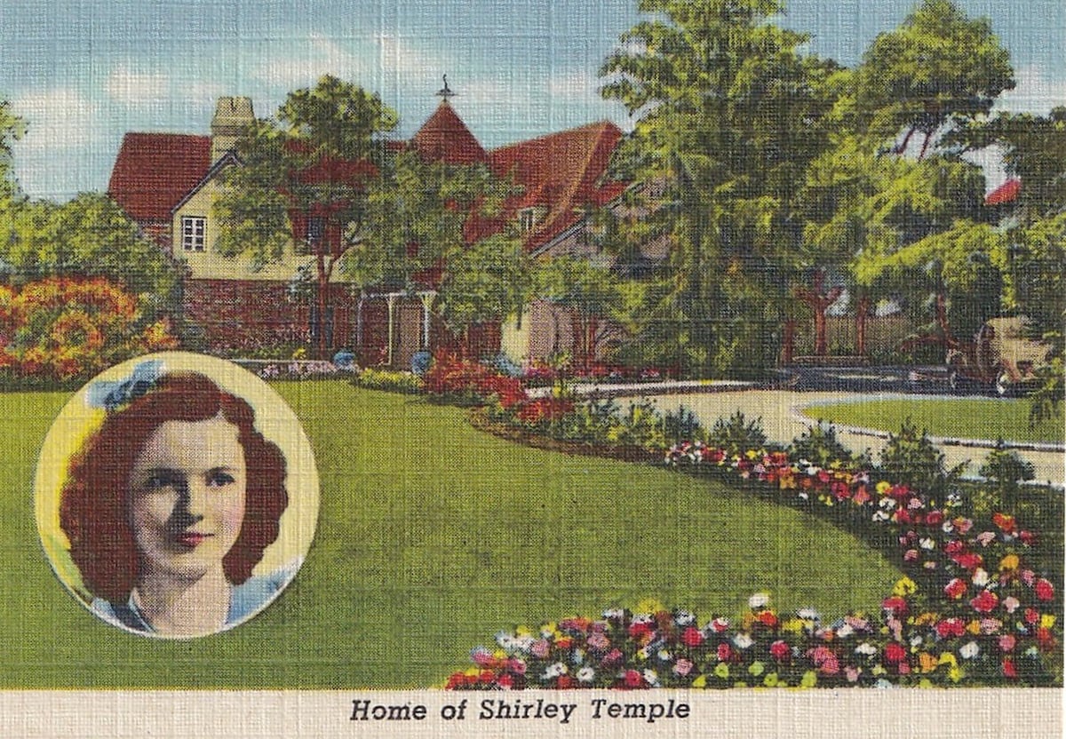 Shirley Temple's Hollywood home pictured on a vintage postcard