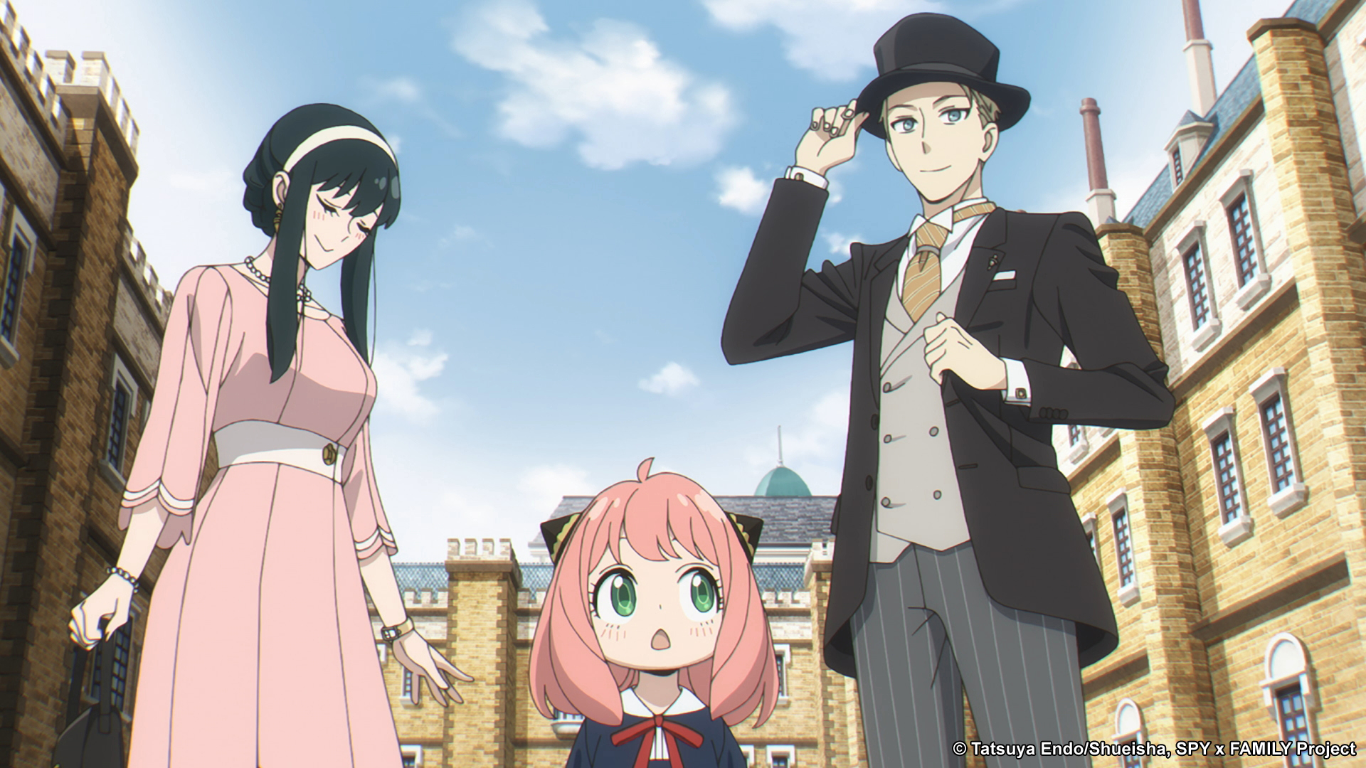 Yor, Anya, and Loid in 'Spy x Family' Episode 4. They're standing in front of Eden College and wearing fancy clothes.