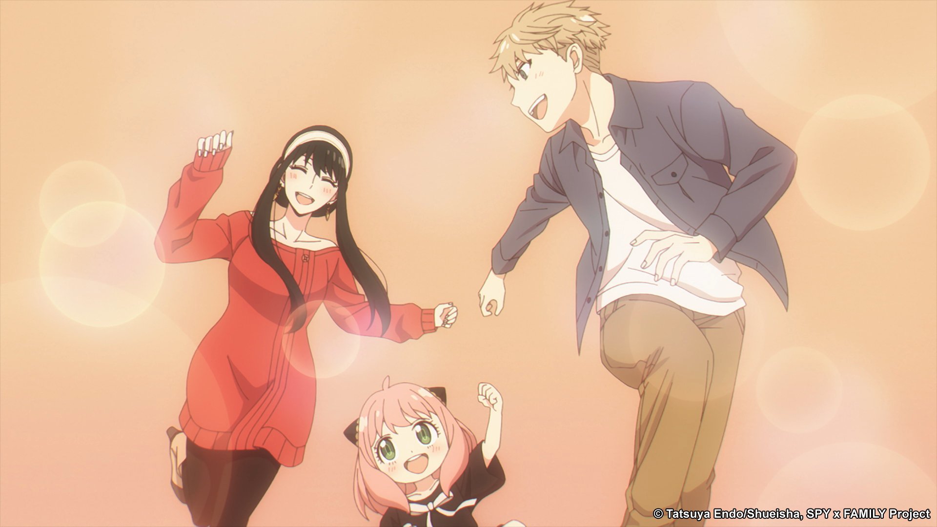 Yor, Anya, and Loid Forger in 'Spy x Family' Episode 4. They're smiling and frollicking, and there's a light pink background behind them.