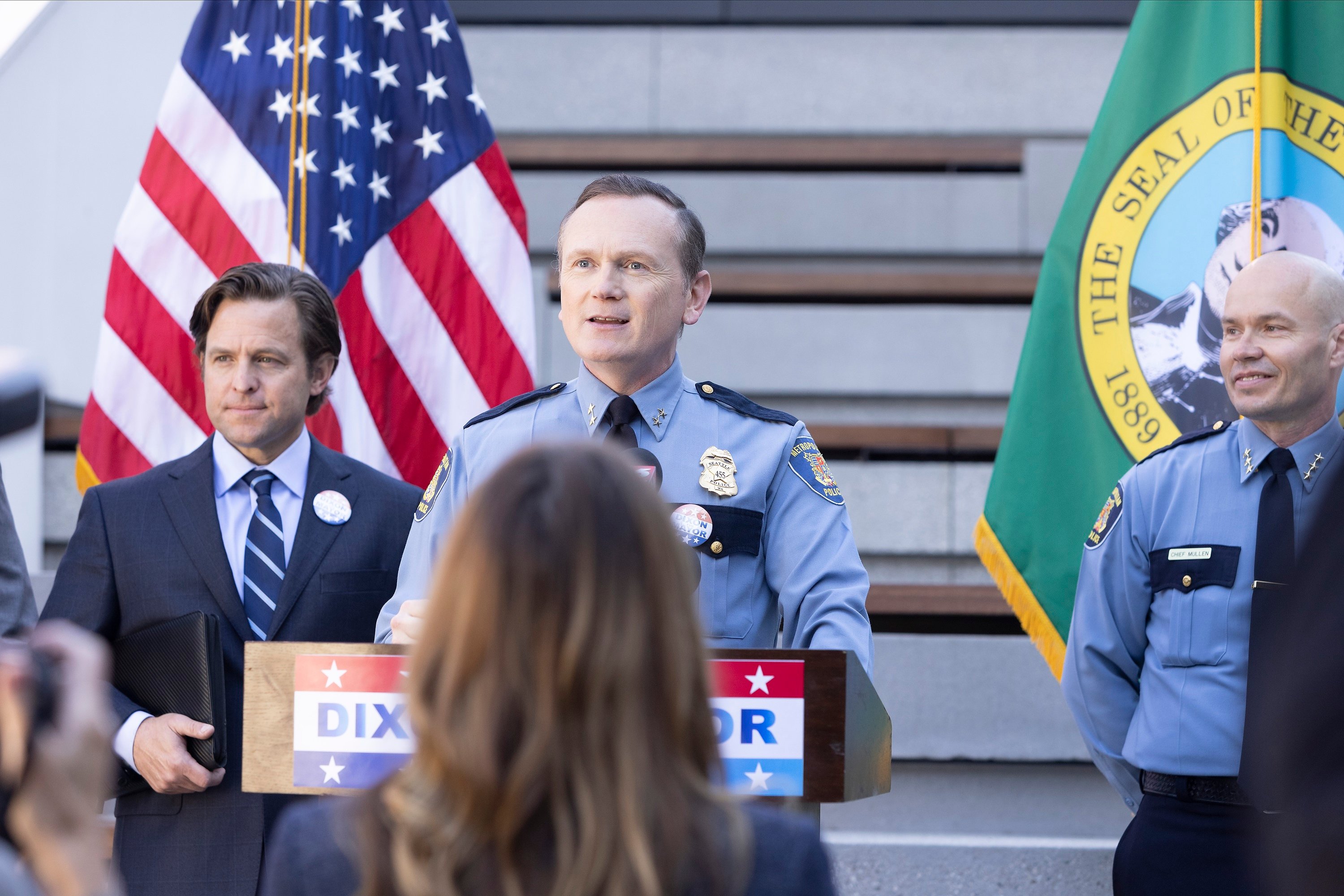 'Station 19' Pat Healy as Michael Dixon giving a speech in front of a podium