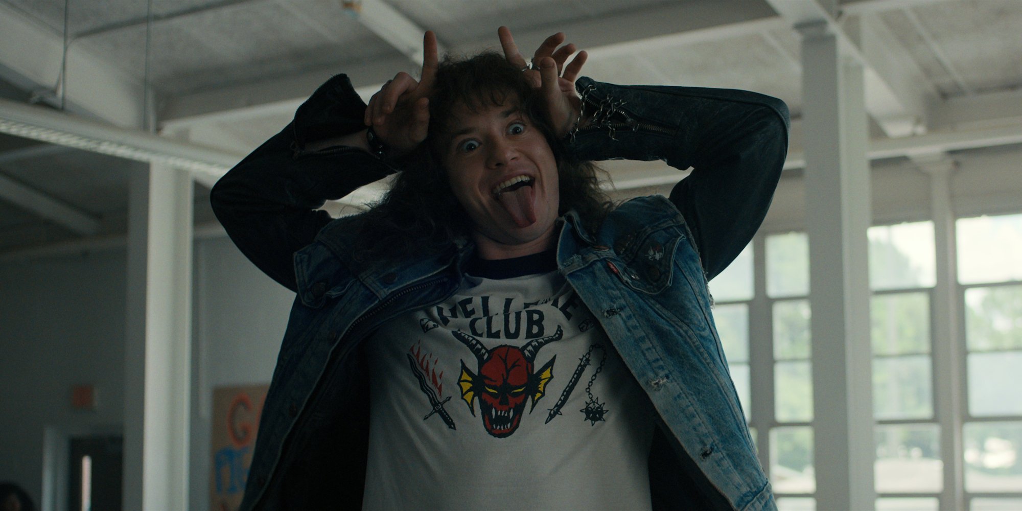'Stranger Things 4' merchandise includes t-shirts from the Hellfire Club like the one seen here, worn by Joseph Quinn as Eddie Munson