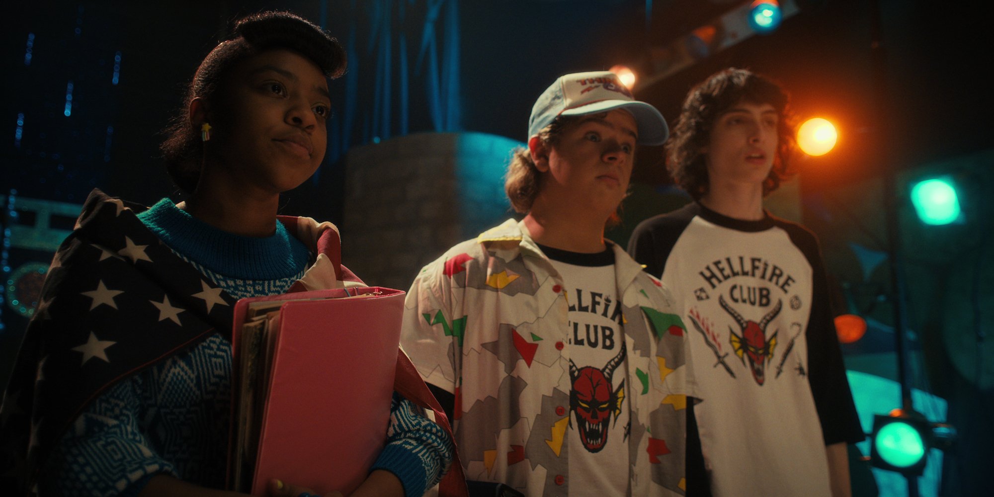 'Stranger Things 4' Episode 1 production still from 'The Hellfire Club' featuring Priah Ferguson as Erica Sinclair, Gaten Matarazzo as Dustin Henderson and Finn Wolfhard as Mike Wheeler.