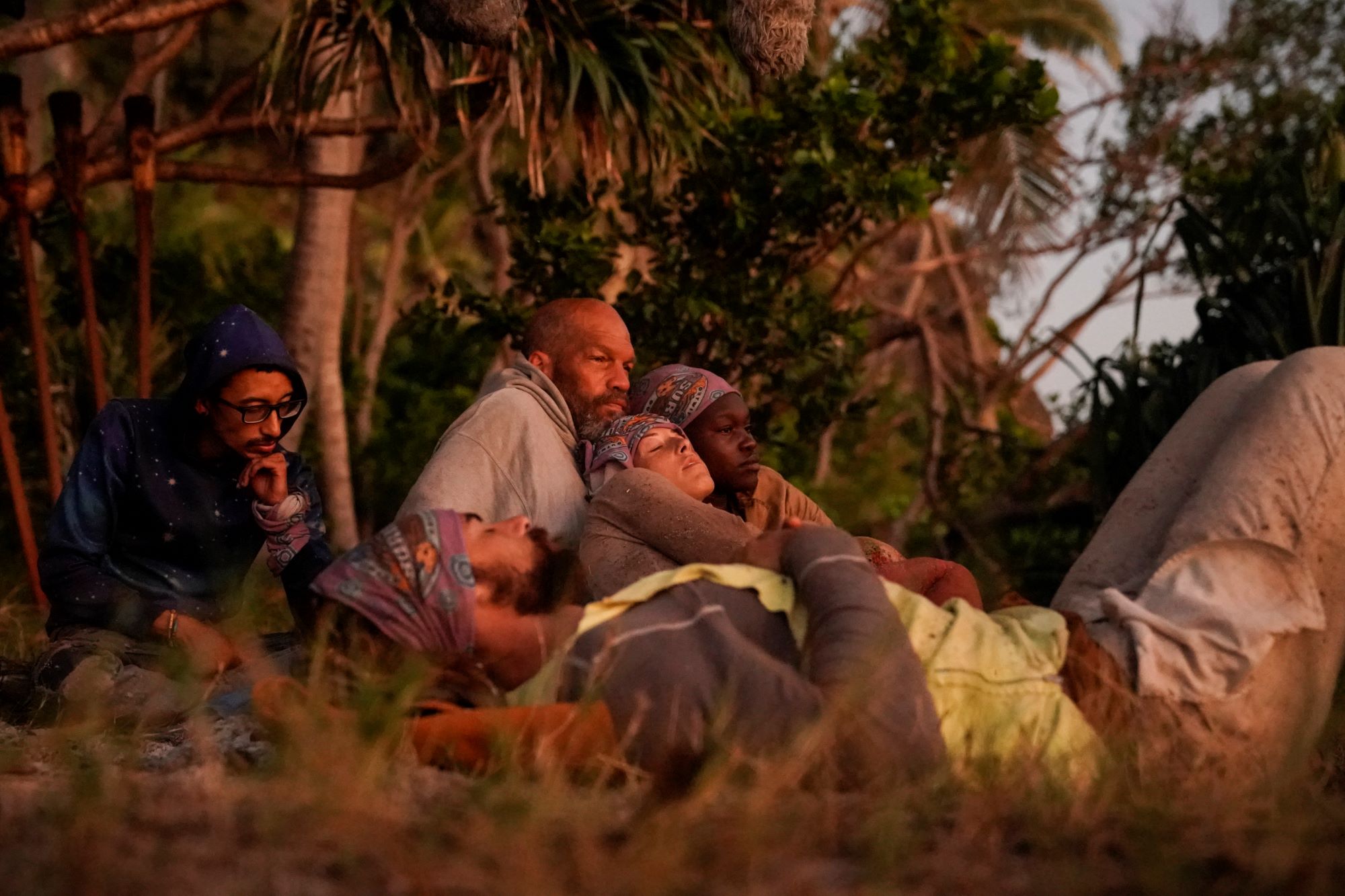 Romeo Escobar, Jonathan Young, Mike Turner, Lindsay Dolashewich, and Maryanne Oketch take in a sunrise together during the 'Survivor' Season 42 finale.