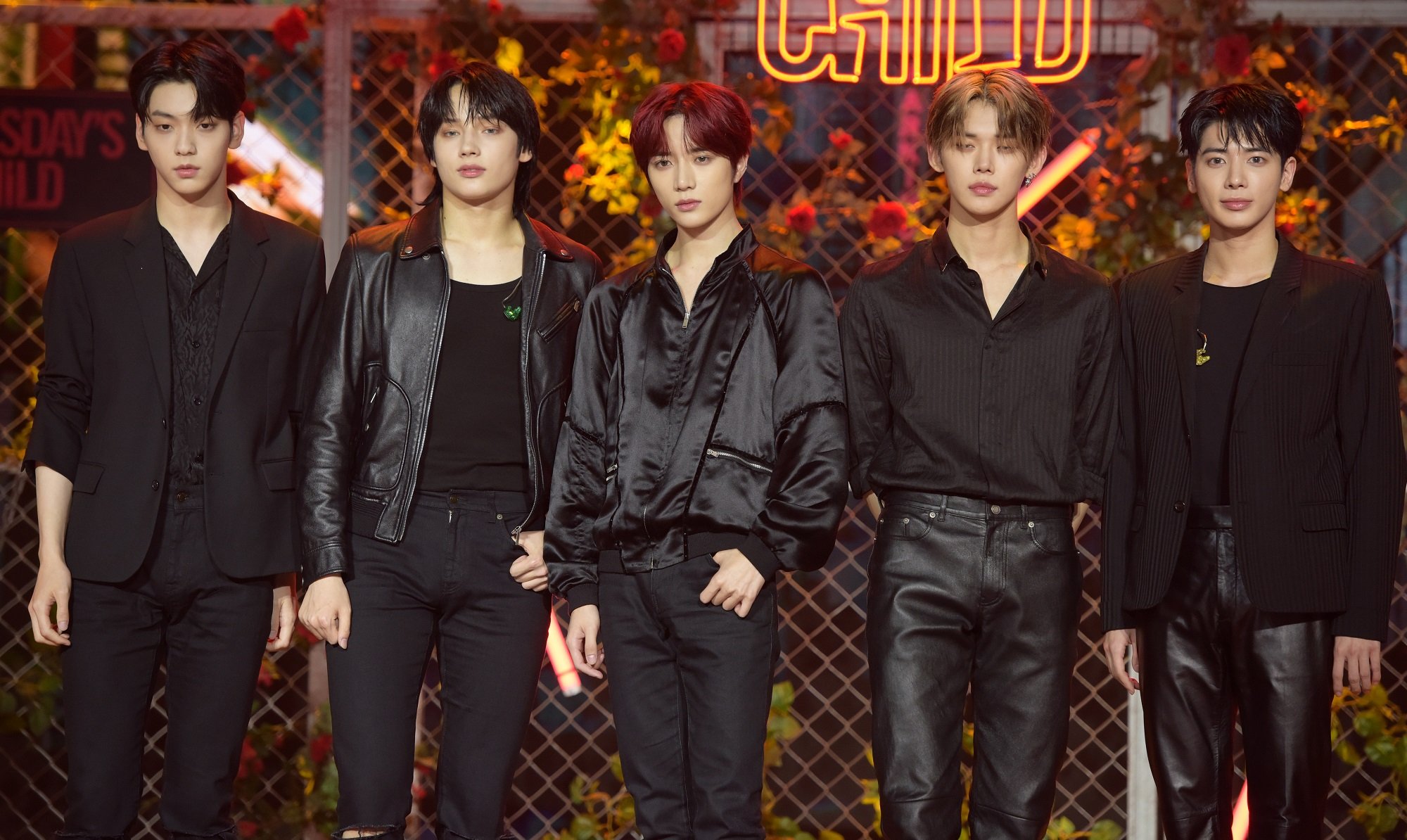 The members of TXT pose at the band's media showcase for 'minisode 2: Thursday's Child'