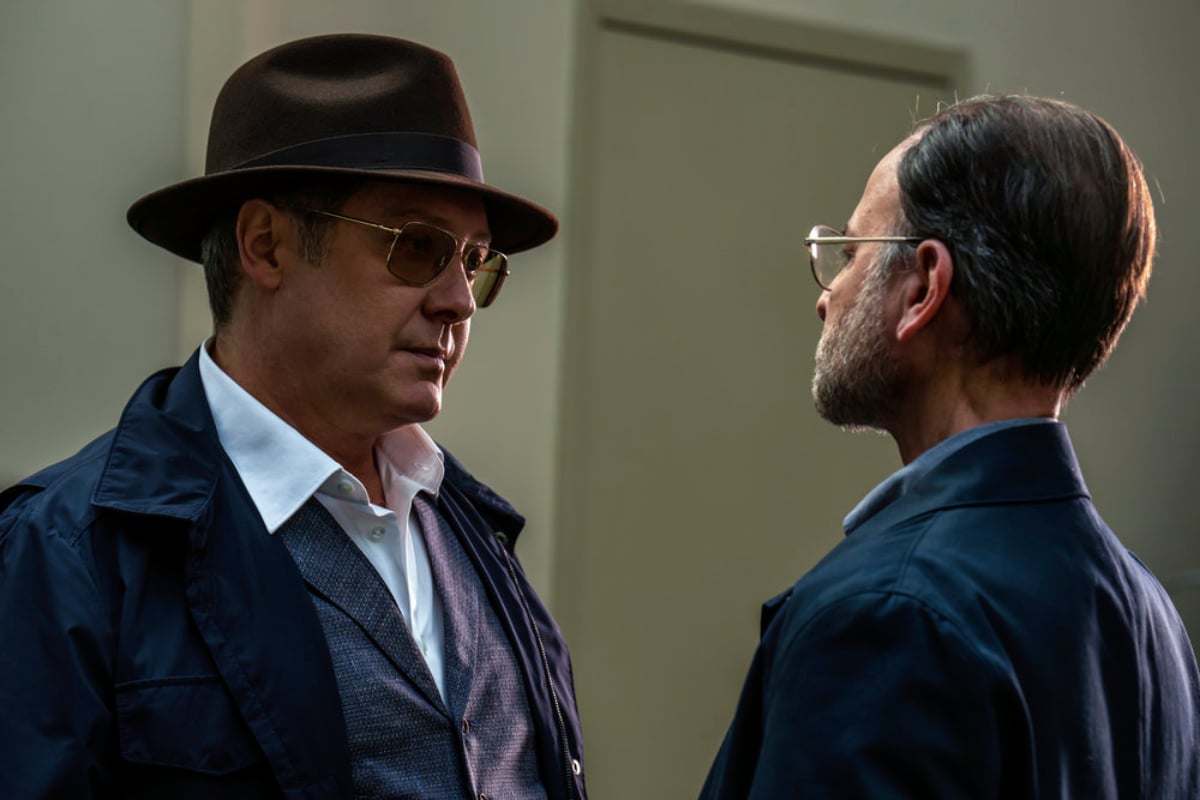 James Spader as Raymond Reddington and Fisher Stevens as Marvin Gerard in The Blacklist Season 9. Marvin and Red stand face to face. 