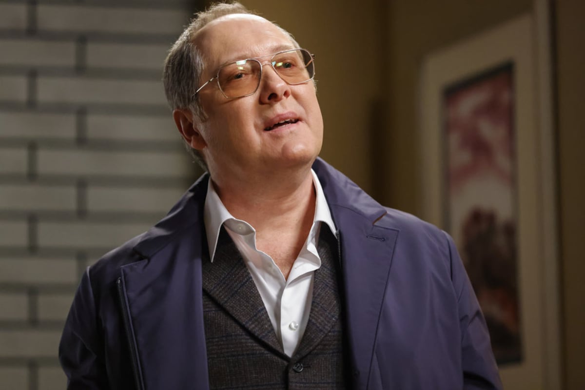 James Spader as Raymond 'Red' Reddington in The Blacklist Season 9. Red wears glasses and a blue jacket. 