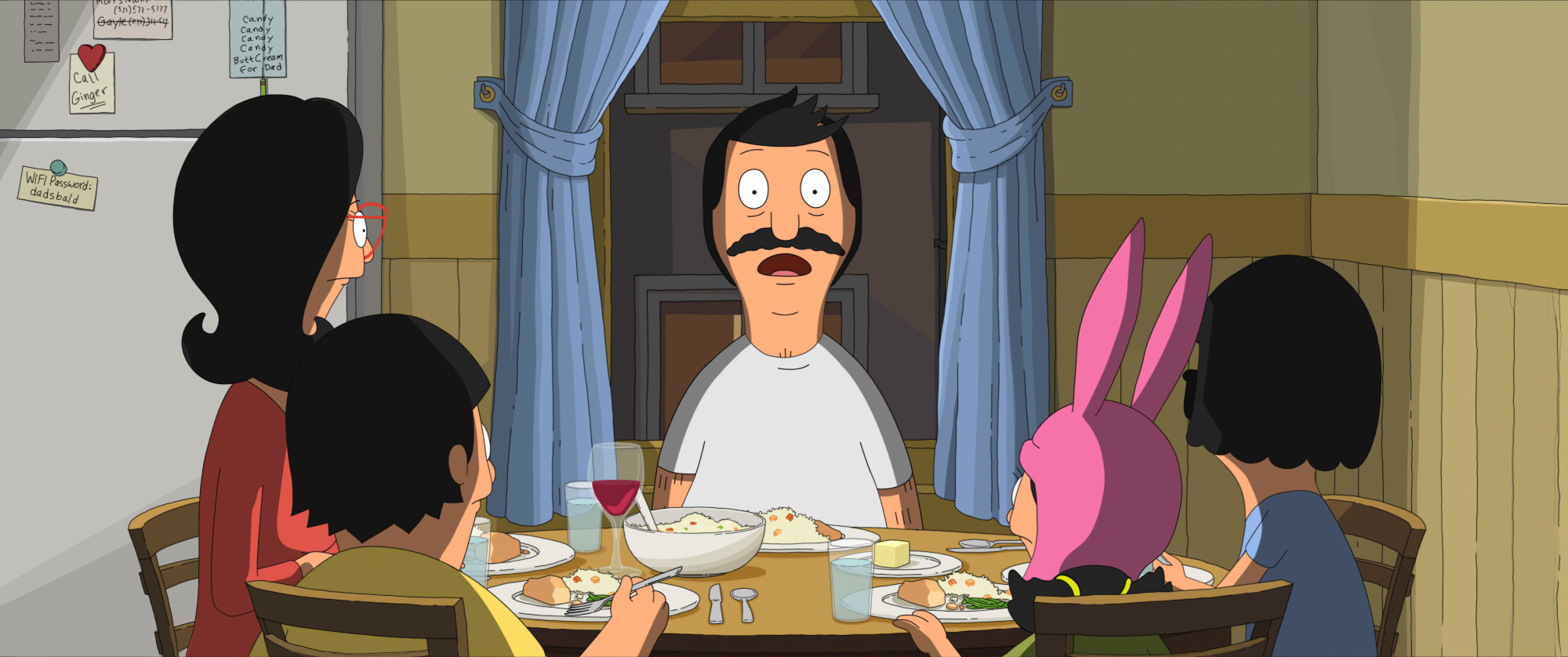 'The Bob's Burgers Movie' Linda Belcher (John Roberts), Bob Belcher (H. John Benjamin), Tina Belcher (Dan Mintz), Louise Belcher (Kristen Schaal), and Gene Belcher (Eugene Mirman) sitting around the dinner table with Bob looking shocked