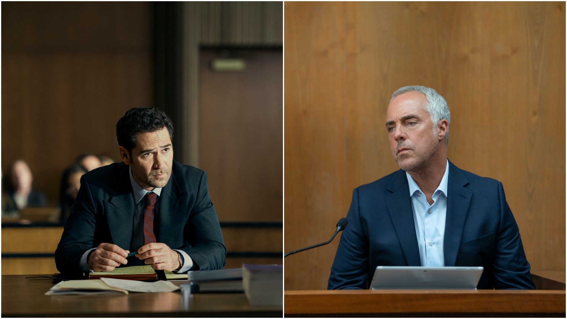 Side by side photos of Manuel Garcia-Rulfo as Mickey Haller in 'The Lincoln Lawyer' and Titus Welliver as Harry Bosch in 'Bosch: Legacy'