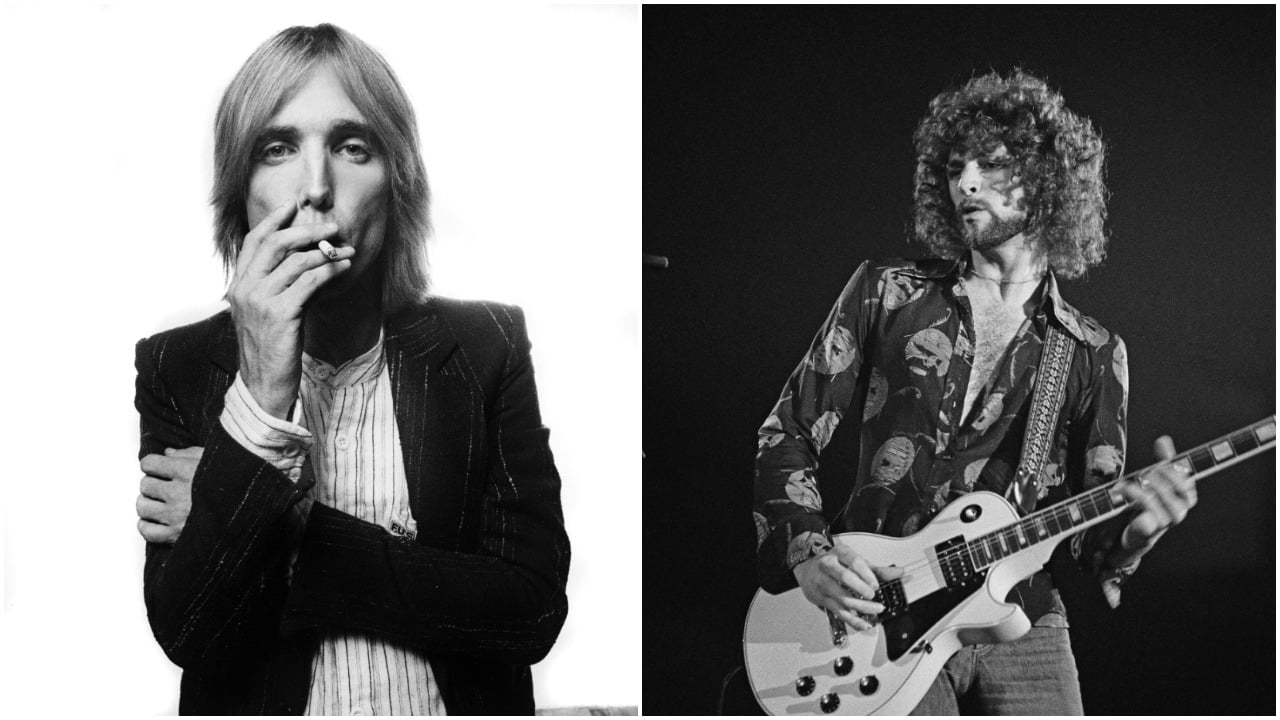 A photo of Tom Petty smoking a cigarette against a white background. Lindsey Buckingham holds a guitar against a black background.